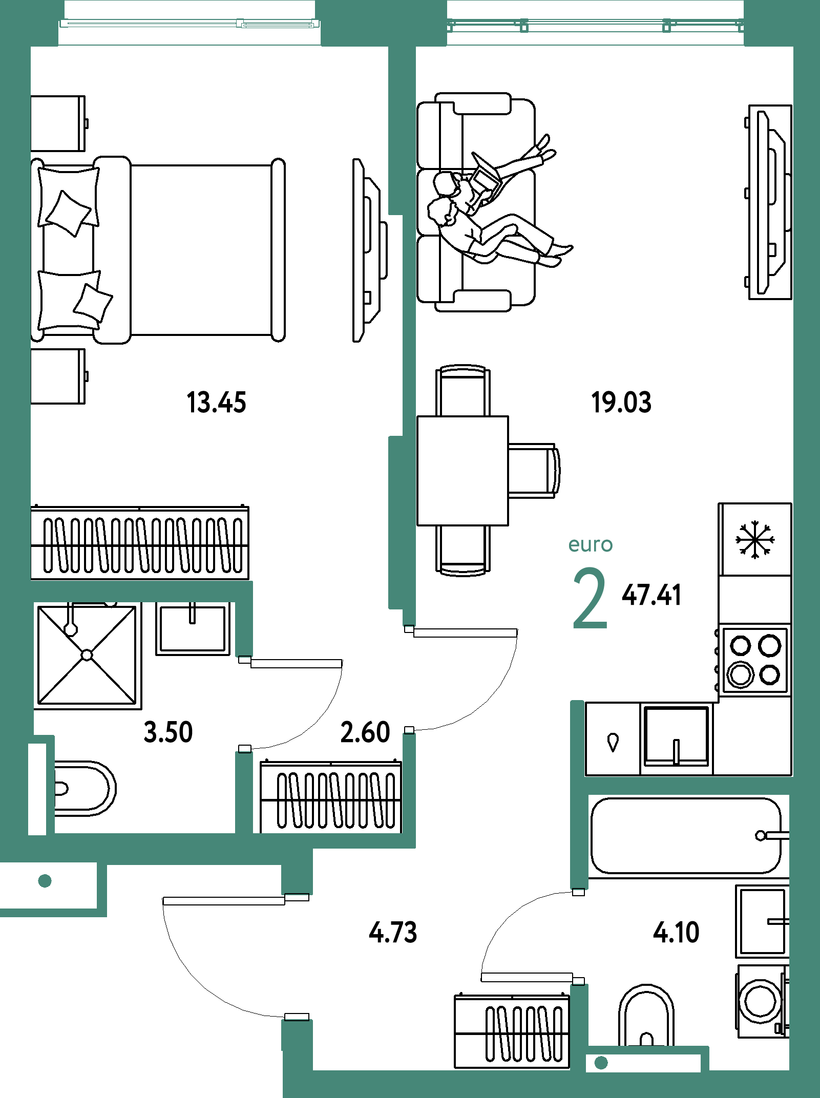 Купить 2-комнатную квартиру 47.41м², этаж №3 кв №447 в ЖК  