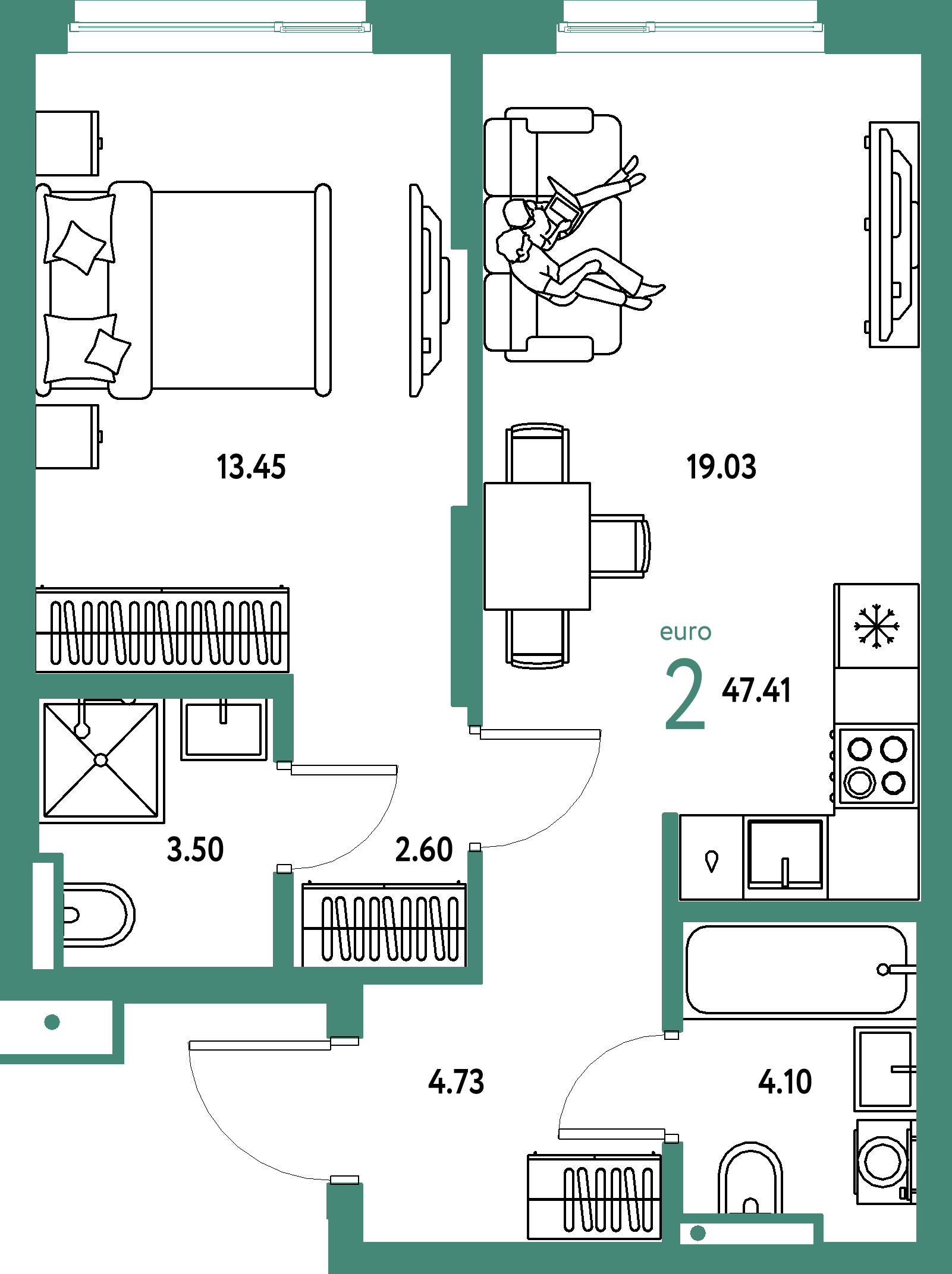 Купить 2-комнатную квартиру 47.41м², этаж №9 кв №501 в ЖК 