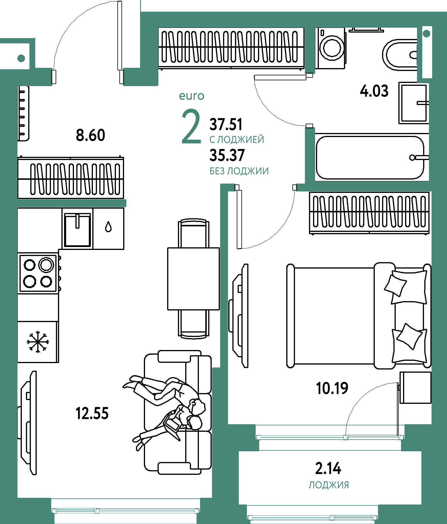 Купить 2-комнатную квартиру 37.51м², этаж №9 кв №502 в ЖК 