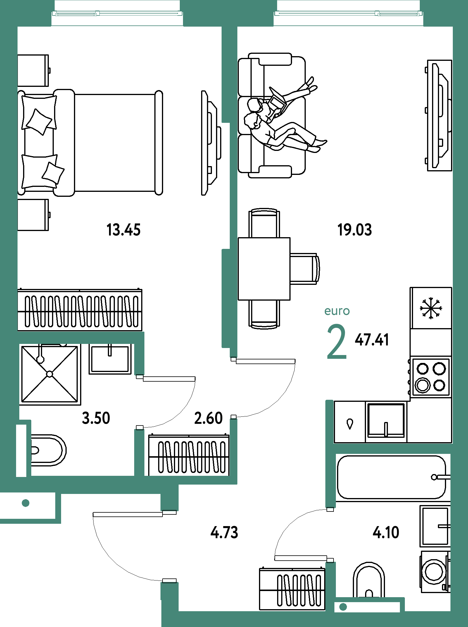 Купить 2-комнатную квартиру 47.41м², этаж №10 кв №510 в ЖК  