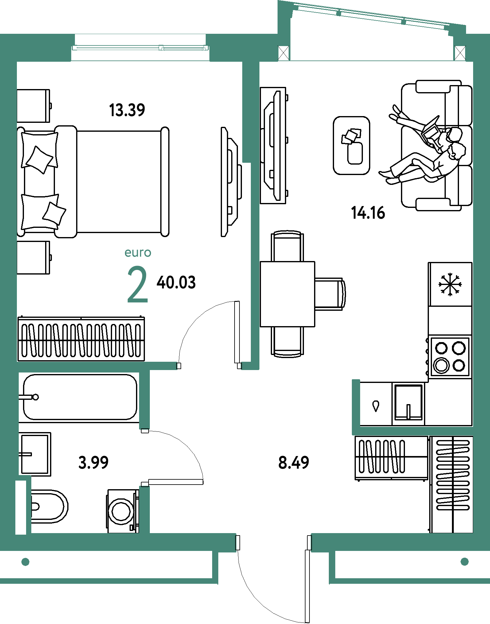 Купить 2-комнатную квартиру 40.03м², этаж №11 кв №518 в ЖК 