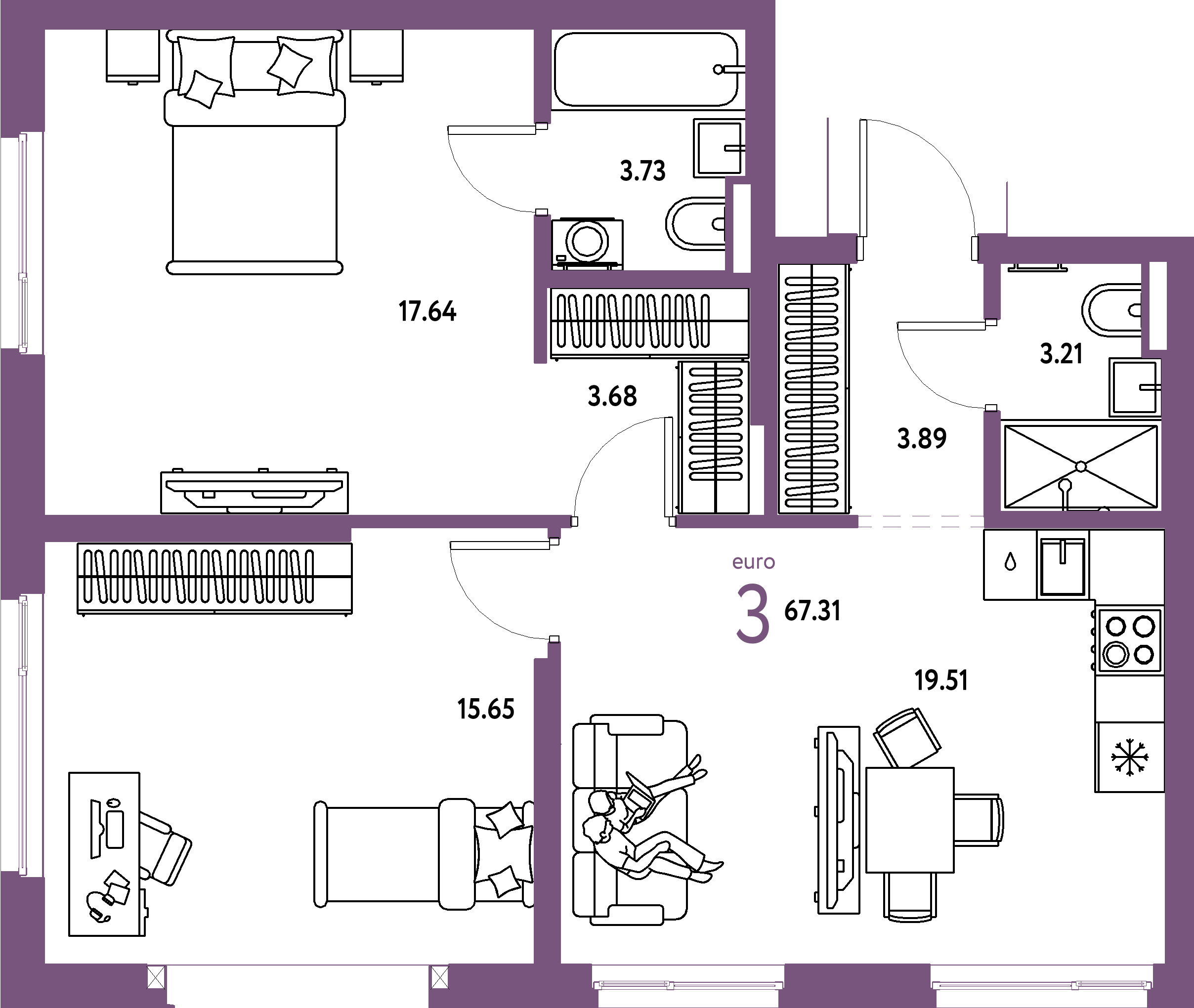 Купить 3-комнатную квартиру 67.31м², этаж №11 кв №523 в ЖК 