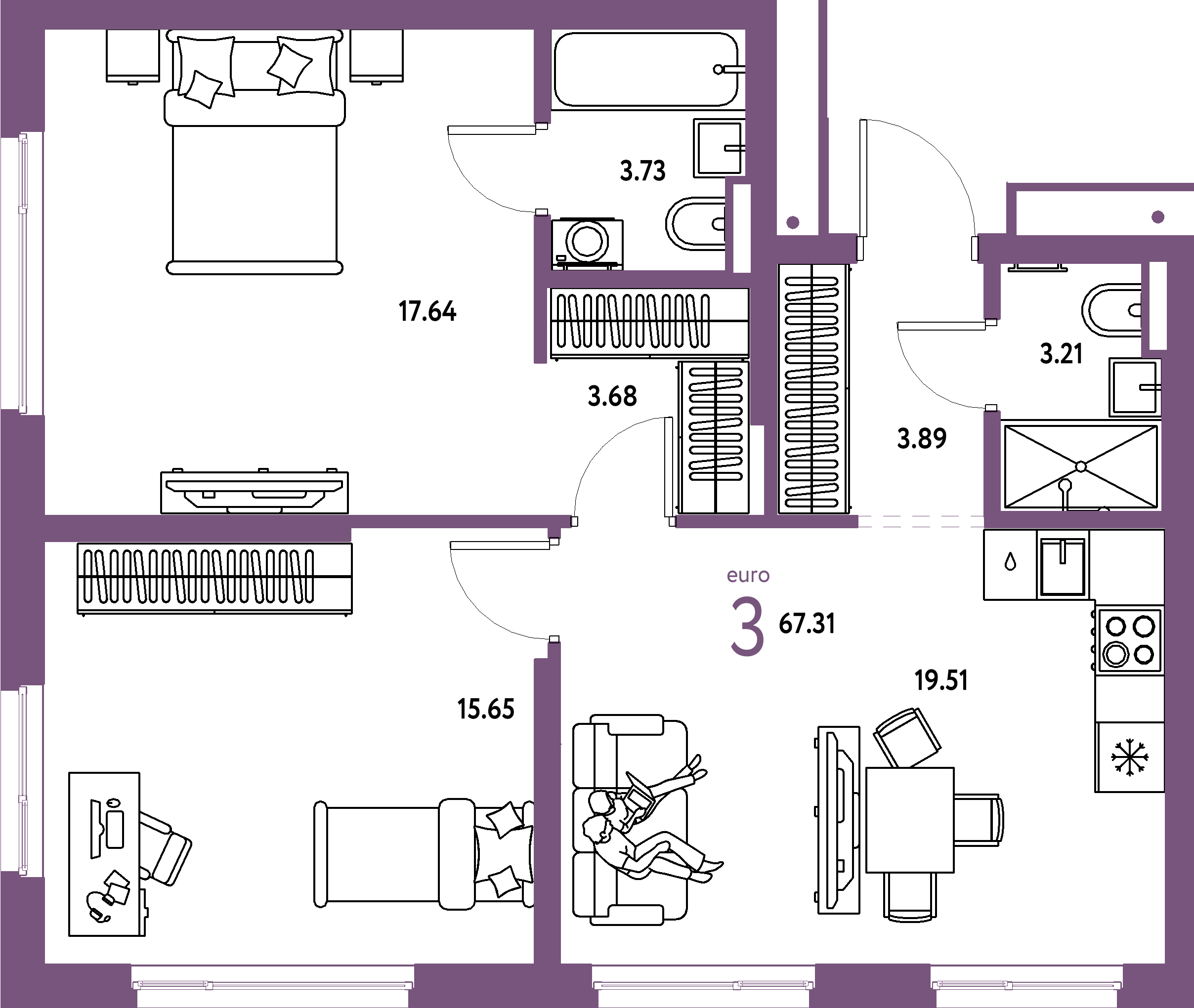 Купить 3-комнатную квартиру 67.31м², этаж №12 кв №532 в ЖК  