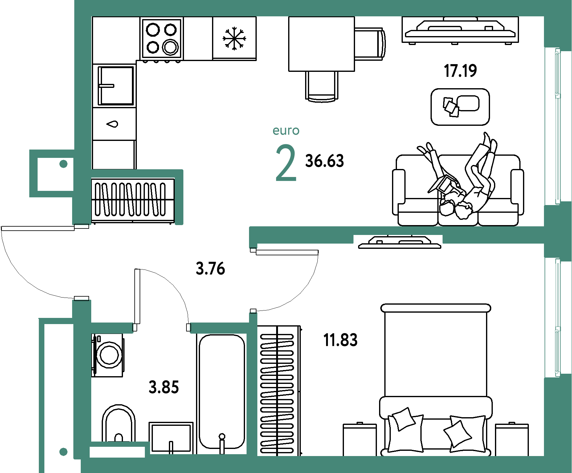 Купить 2-комнатную квартиру 36.63м², этаж №12 кв №535 в ЖК 