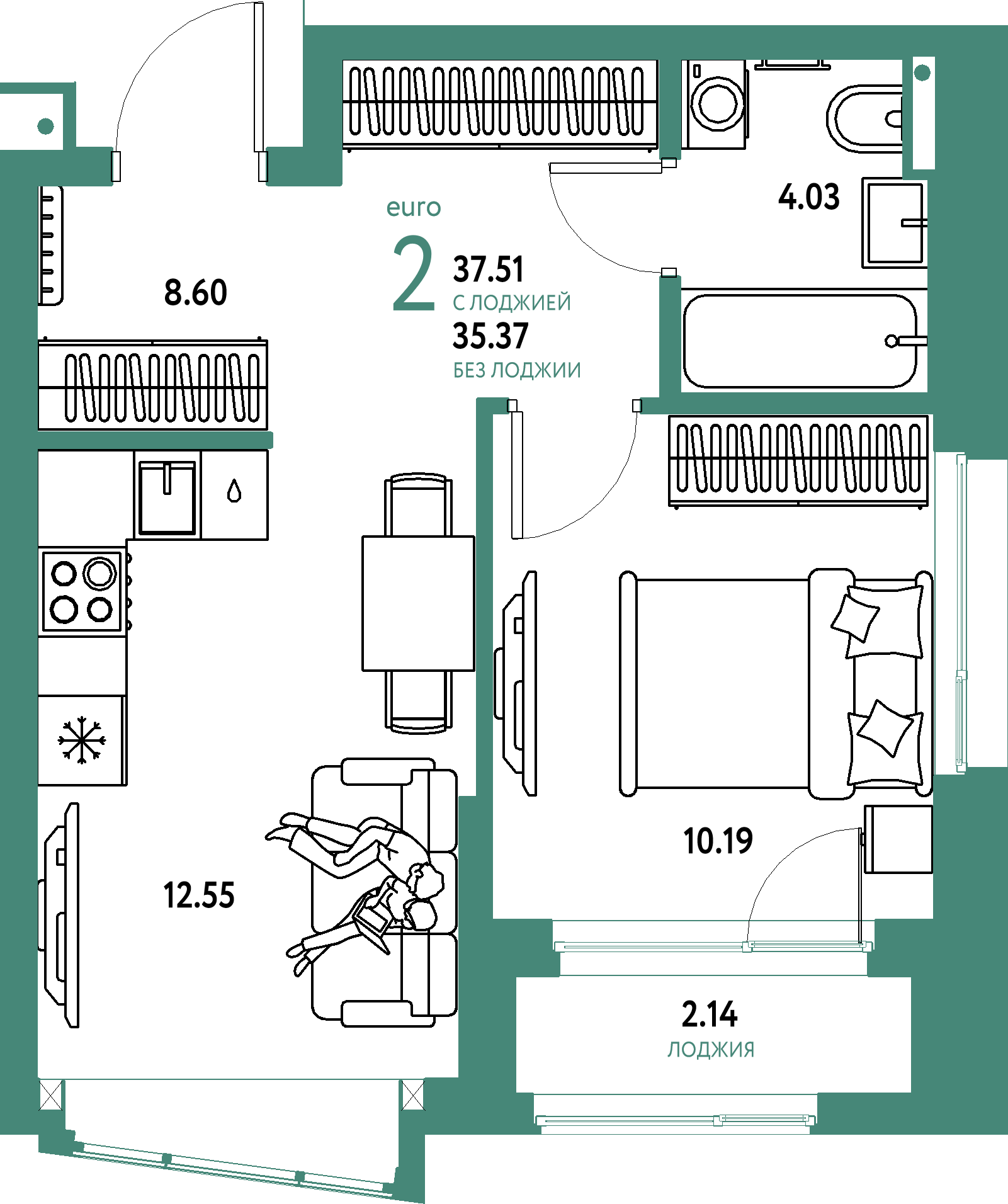 Купить 2-комнатную квартиру 37.51м², этаж №13 кв №538 в ЖК 