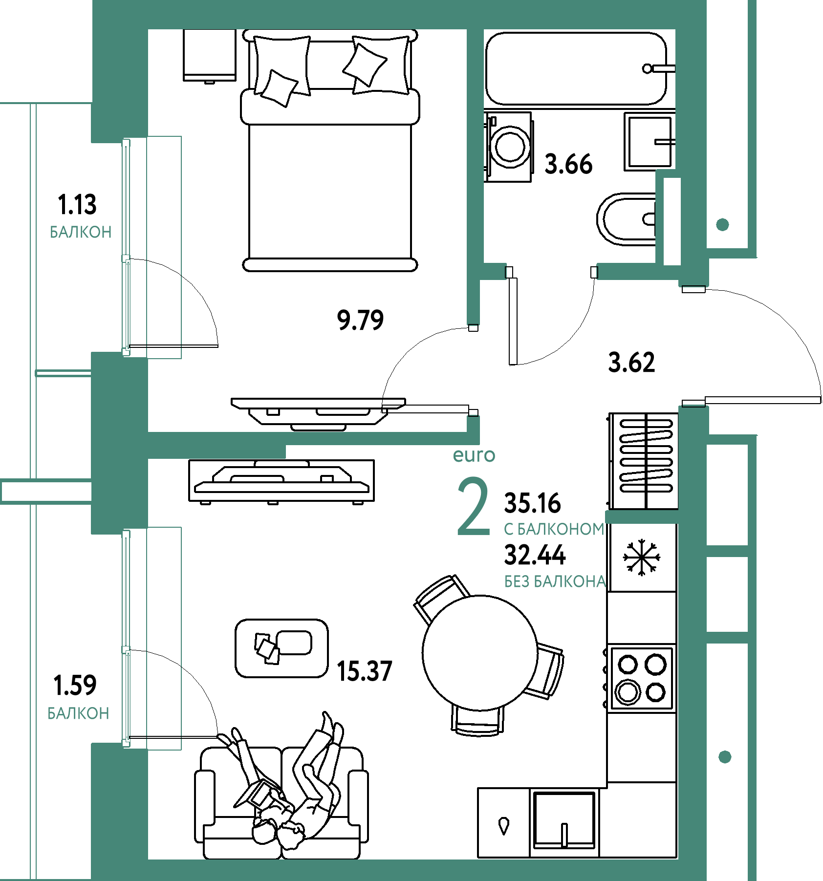 Купить 2-комнатную квартиру 35.16м², этаж №13 кв №542 в ЖК  