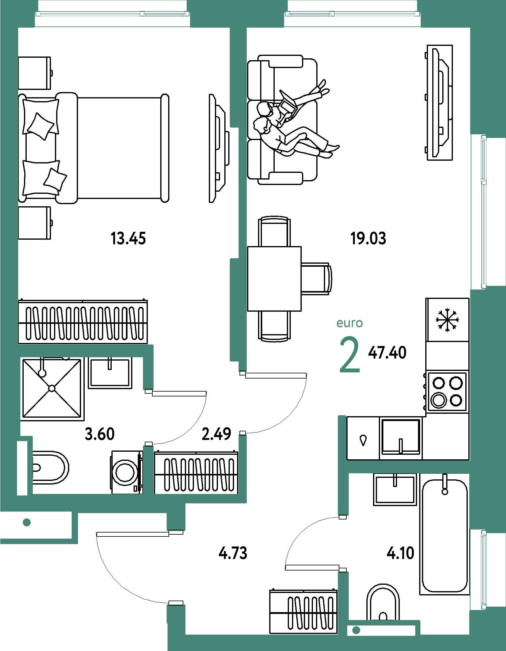 Купить 2-комнатную квартиру 47.4м², этаж №15 кв №555 в ЖК 