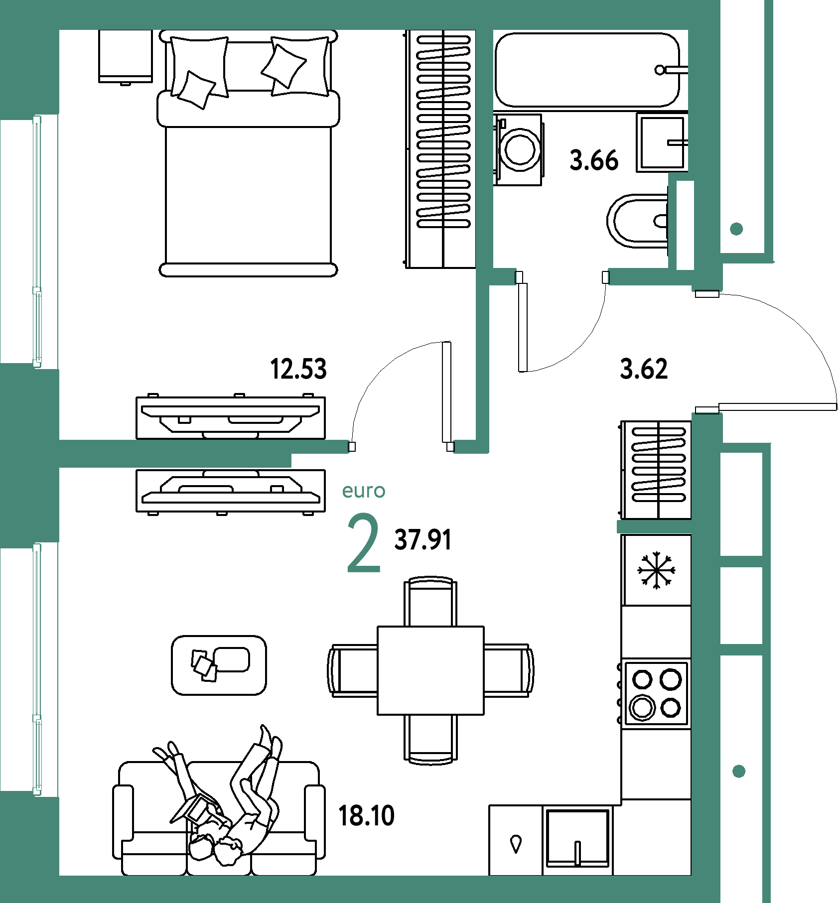 Купить 2-комнатную квартиру 37.91м², этаж №15 кв №560 в ЖК  