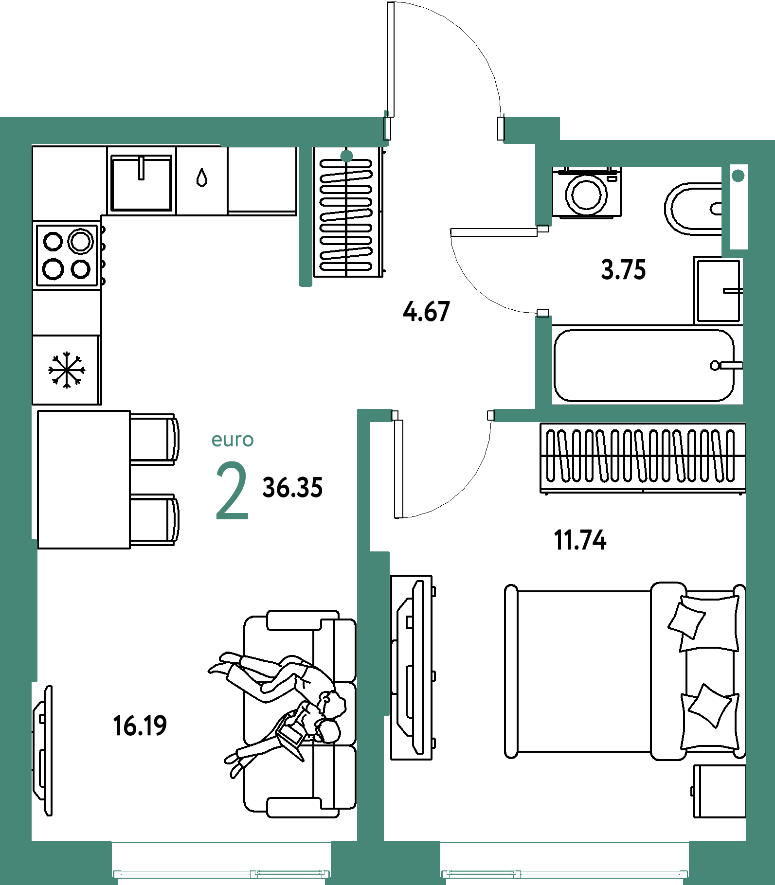 Купить 2-комнатную квартиру 36.35м², этаж №2 кв №573 в ЖК  