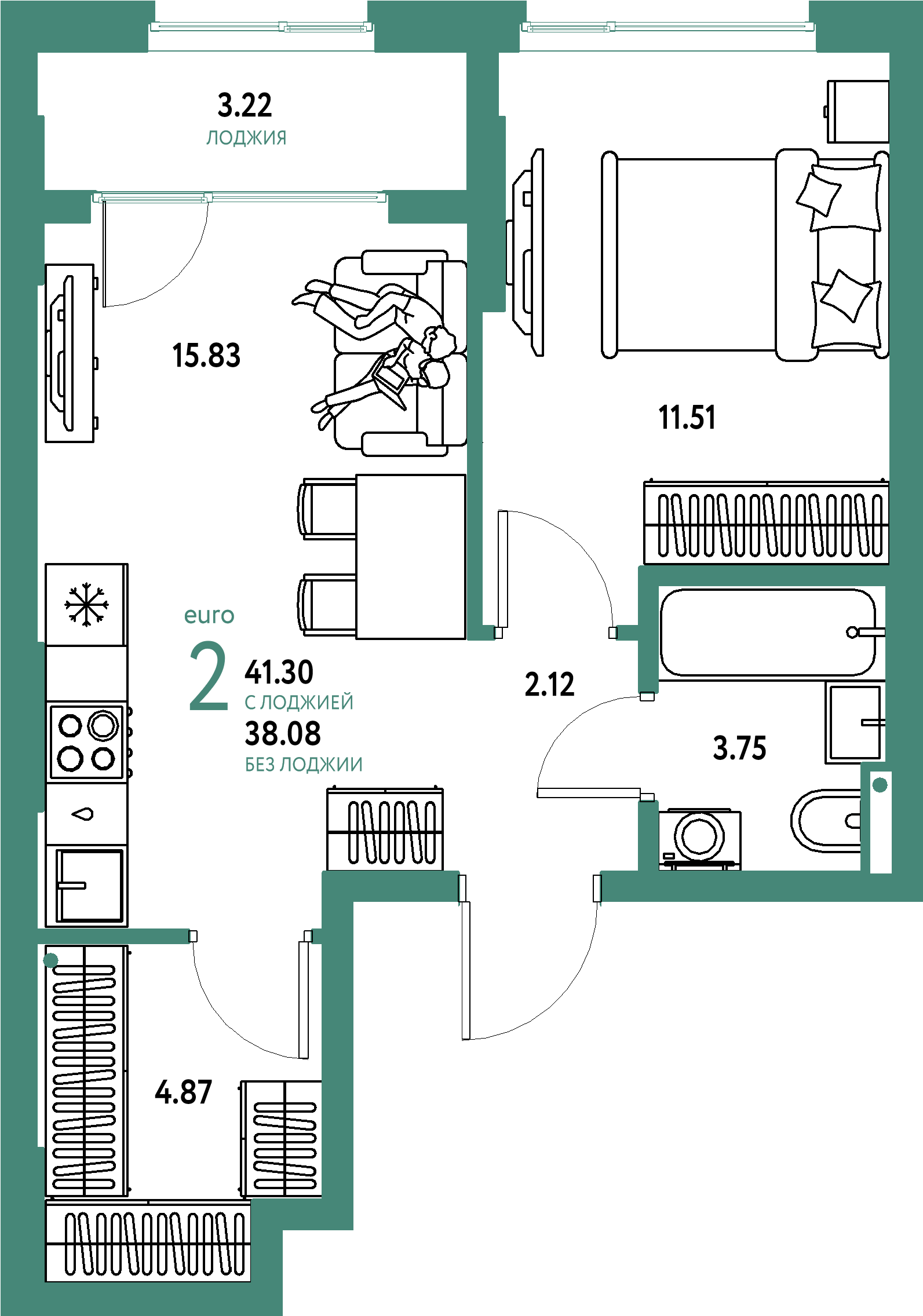 Купить 2-комнатную квартиру 41.3м², этаж №2 кв №574 в ЖК 