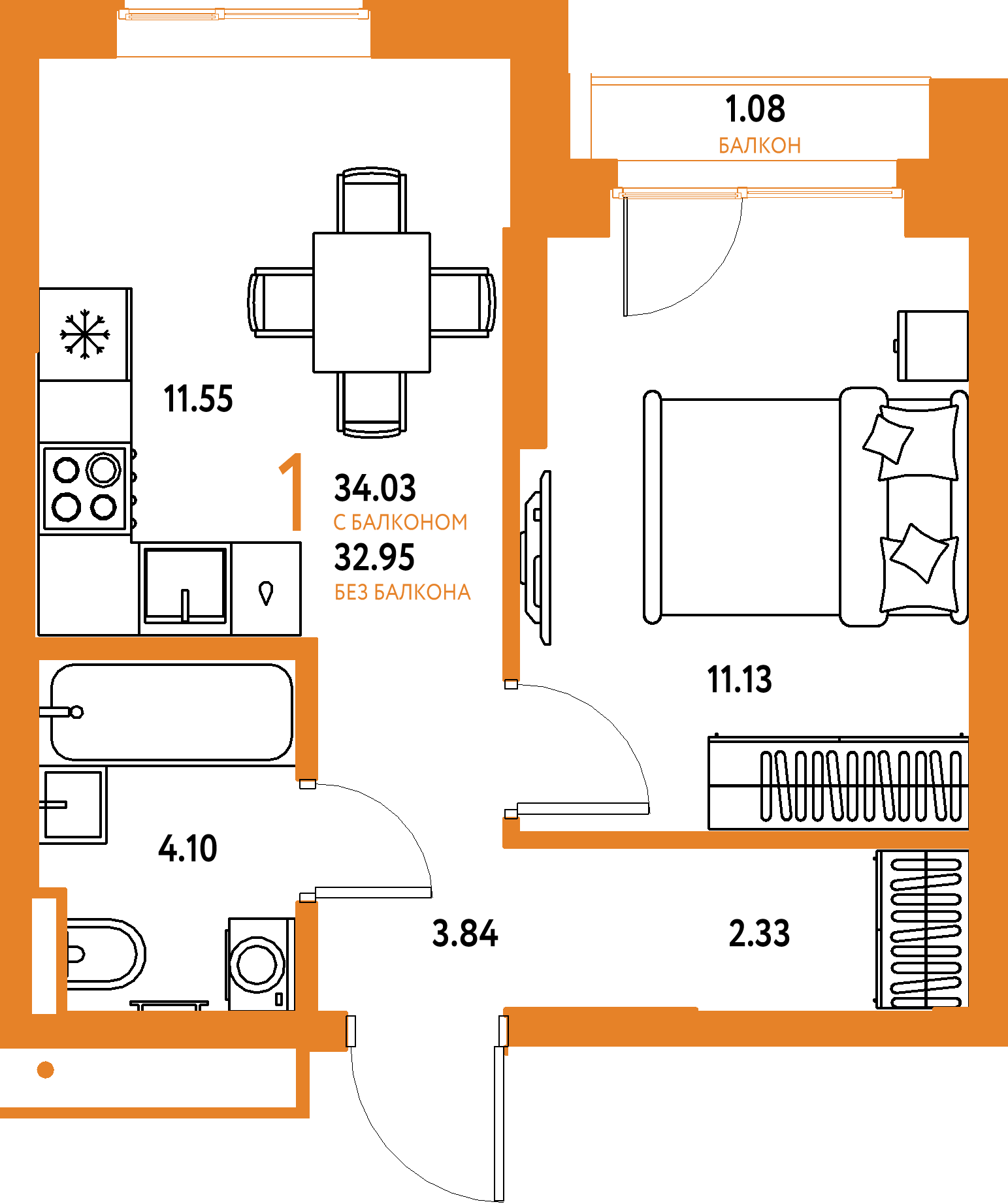 Купить 1-комнатную квартиру 34.03м², этаж №2 кв №577 в ЖК  