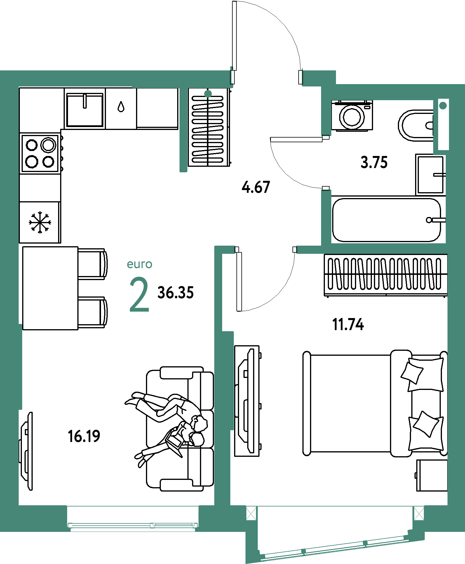 Купить 2-комнатную квартиру 36.35м², этаж №4 кв №595 в ЖК  