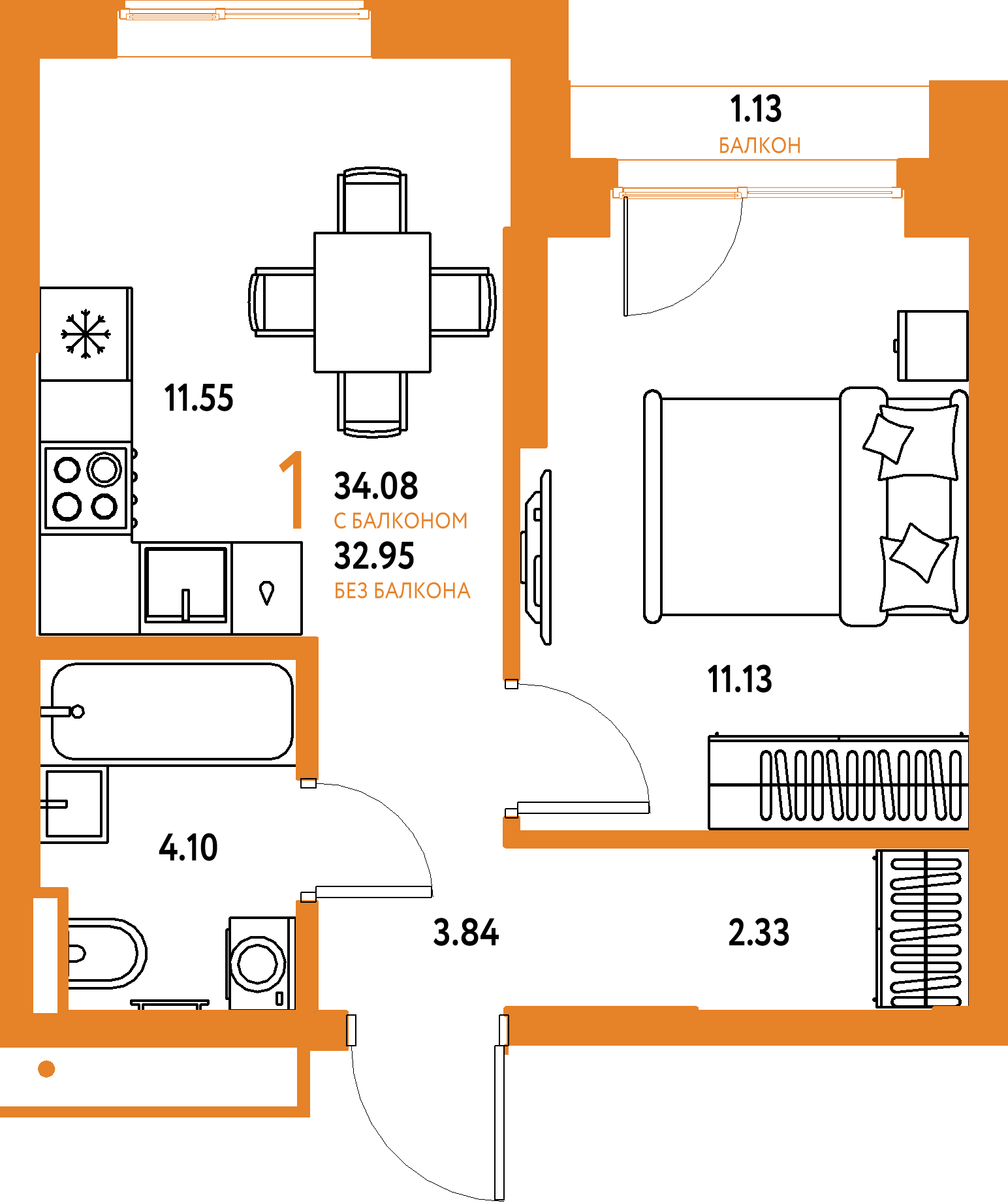 Купить 1-комнатную квартиру 34.08м², этаж №4 кв №599 в ЖК  