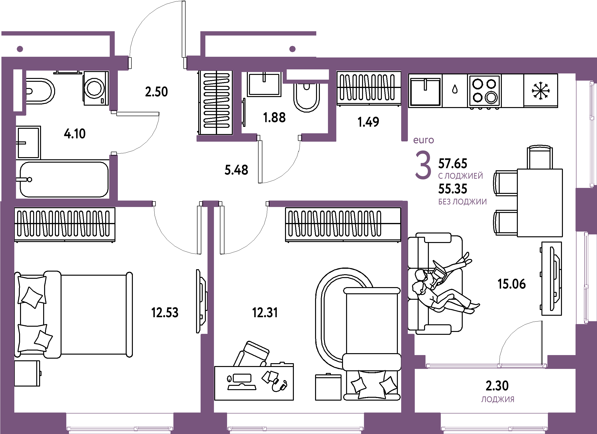 Купить 3-комнатную квартиру 57.65м², этаж №6 кв №624 в ЖК 