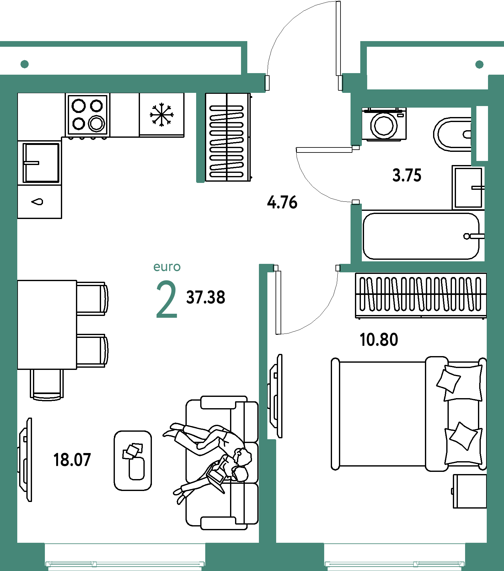 Купить 2-комнатную квартиру 37.38м², этаж №7 кв №636 в ЖК 