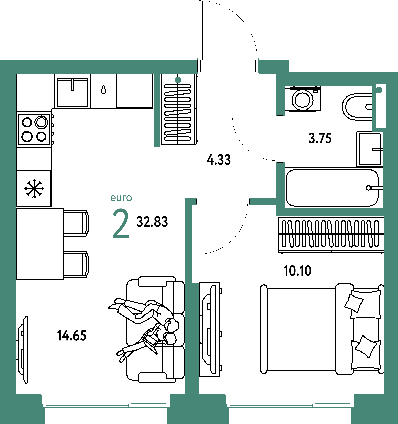 Купить 2-комнатную квартиру 32.83м², этаж №11 кв №669 в ЖК 