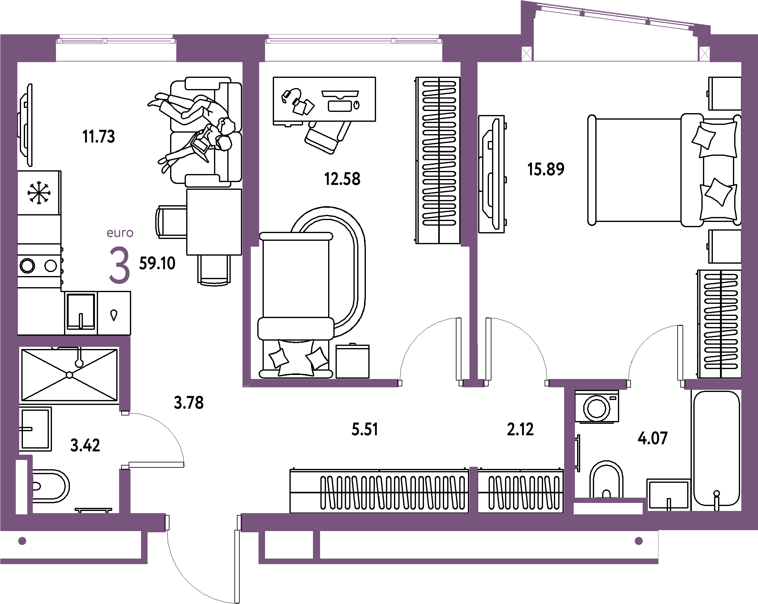 Купить 3-комнатную квартиру 59.1м², этаж №12 кв №683 в ЖК 