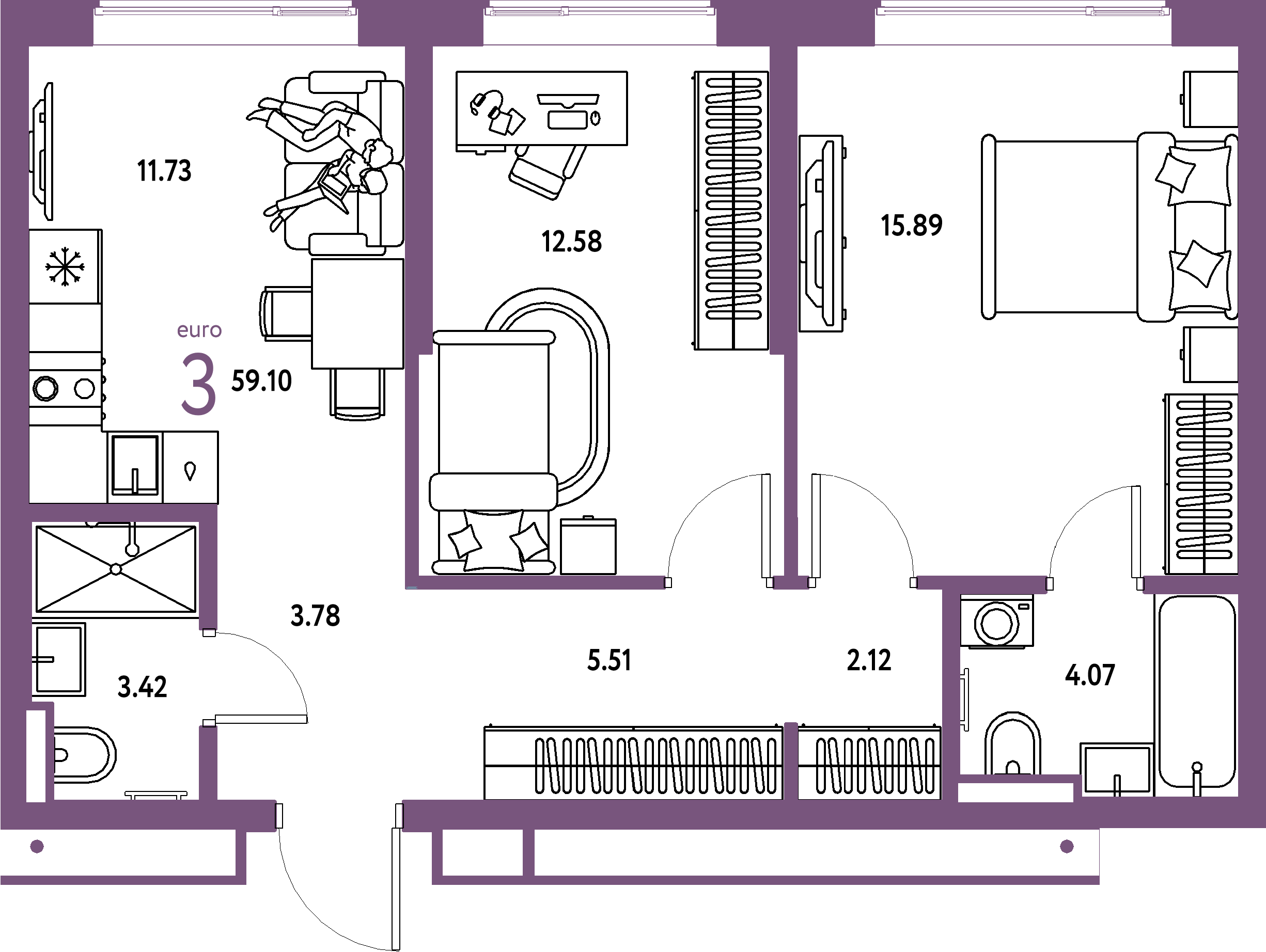 Купить 3-комнатную квартиру 59.1м², этаж №13 кв №693 в ЖК 