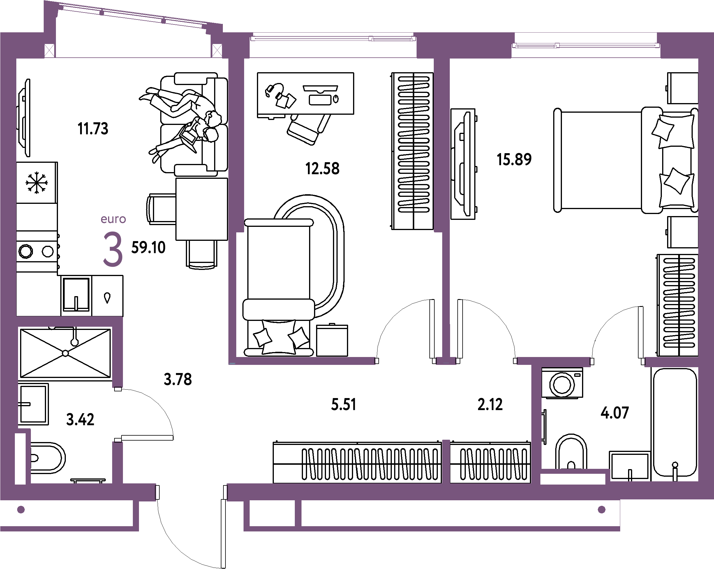 Купить 3-комнатную квартиру 59.1м², этаж №14 кв №703 в ЖК 