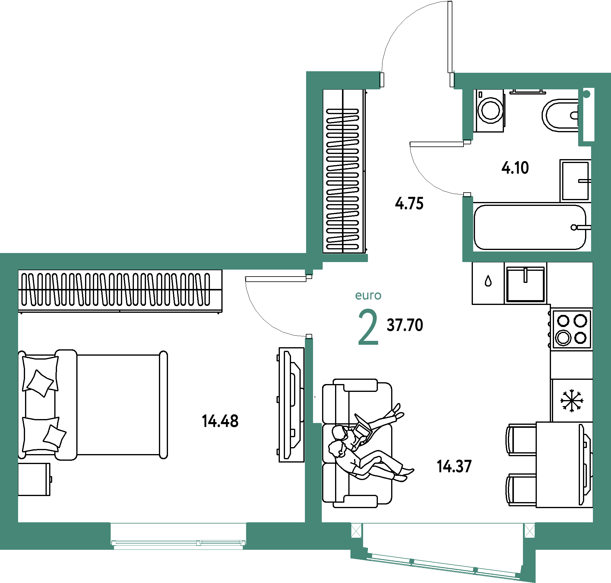 Купить 2-комнатную квартиру 37.7м², этаж №14 кв №707 в ЖК 