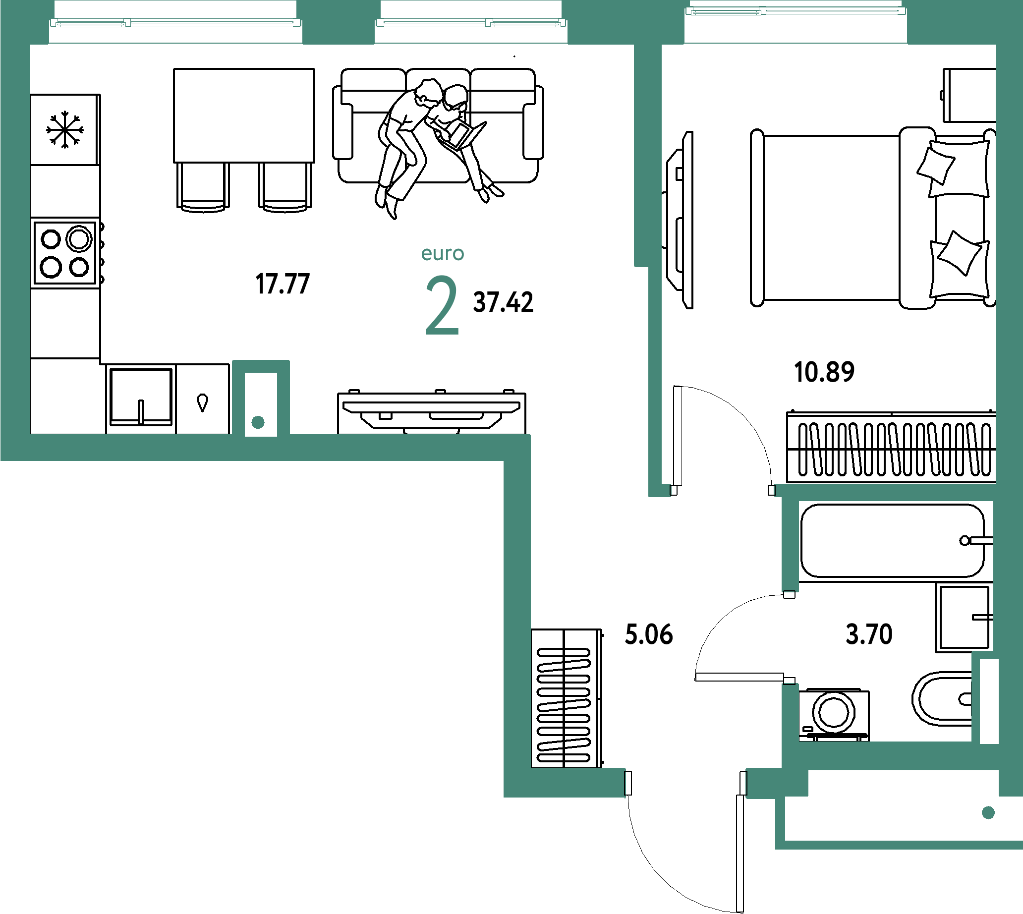 Купить 2-комнатную квартиру 37.42м², этаж №15 кв №712 в ЖК 