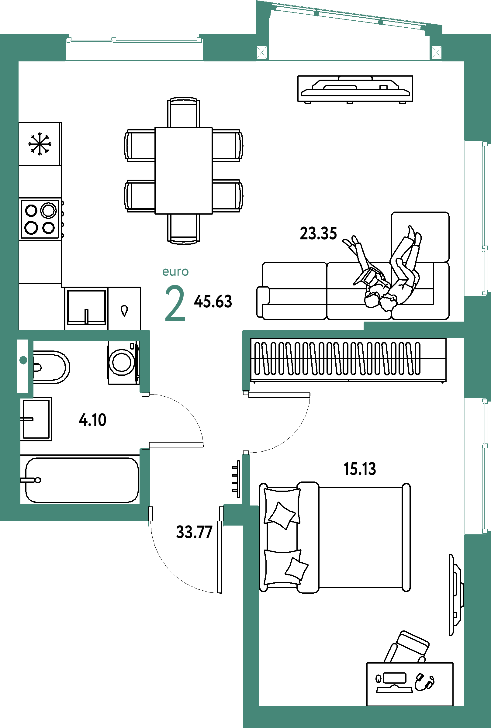 Купить 2-комнатную квартиру 45.63м², этаж №15 кв №714 в ЖК 