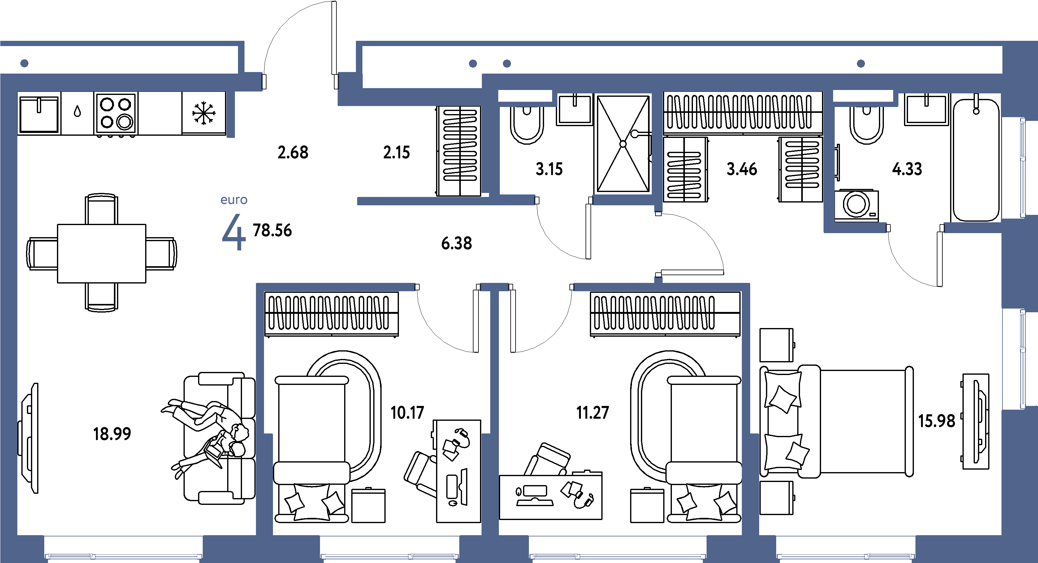 Купить 4-комнатную квартиру 78.56м², этаж №17 кв №734 в ЖК 