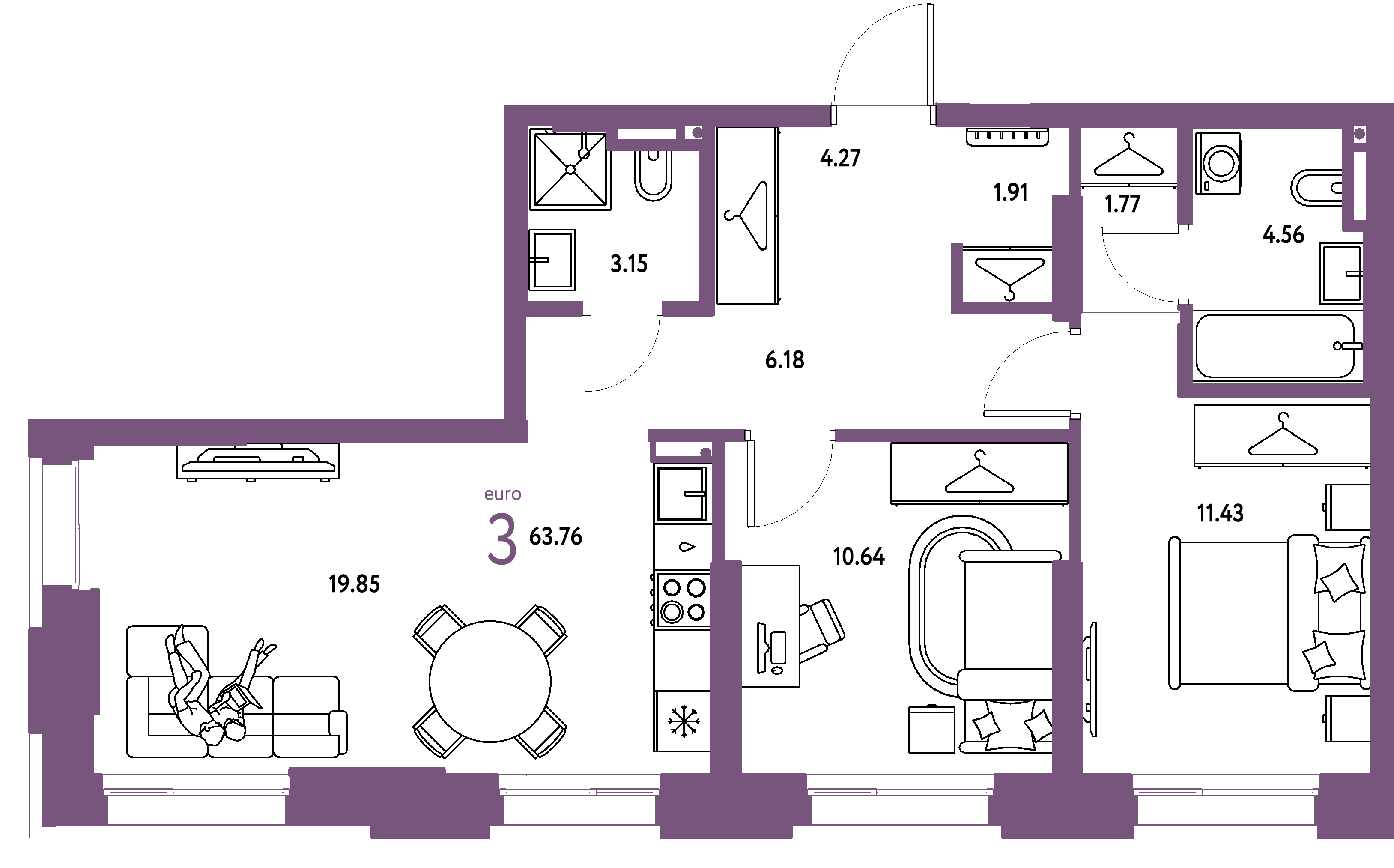 ЖК "Страна.Прибрежная"-3-комнатная 63.76 м²