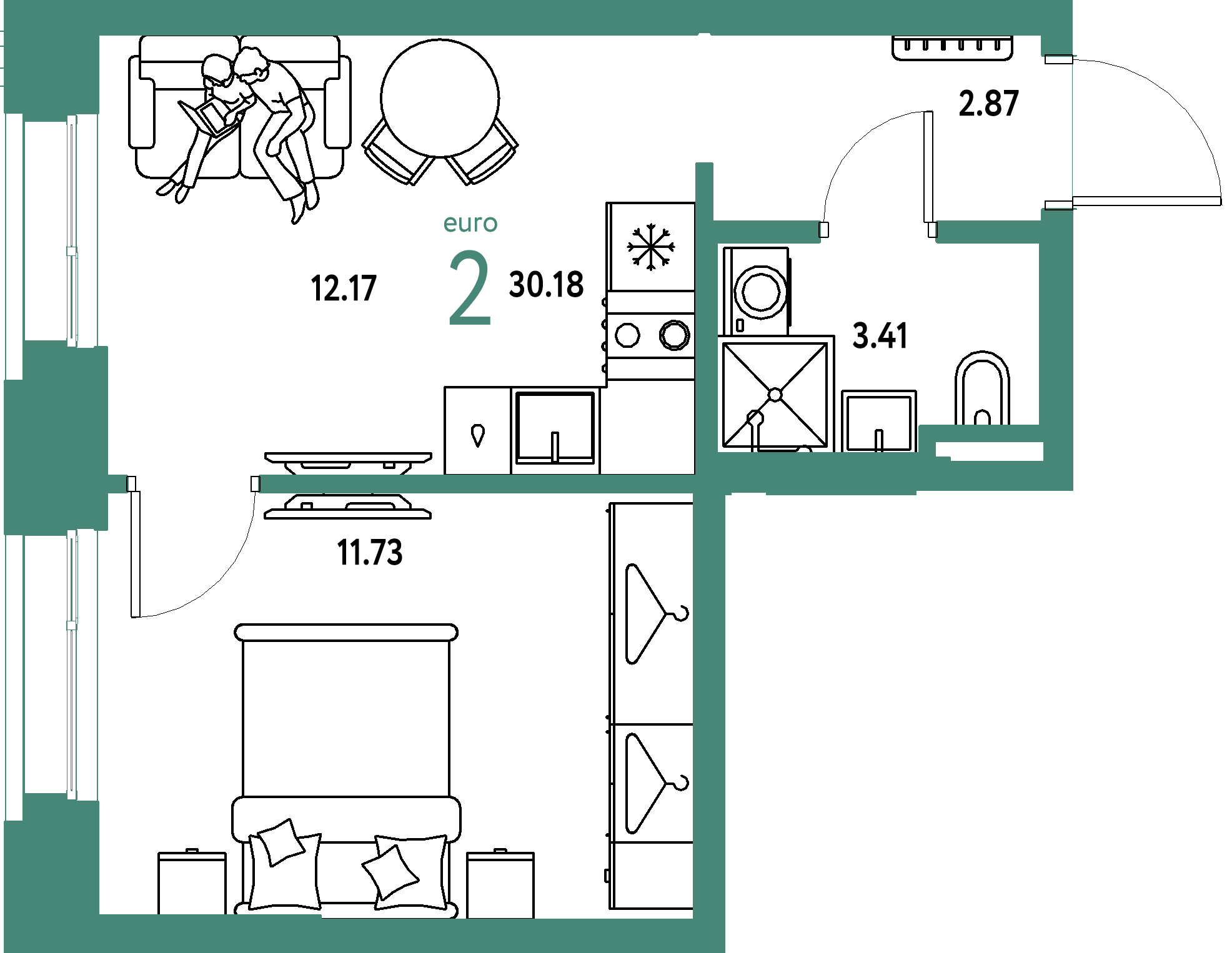 ЖК "Страна.Прибрежная"-2-комнатная 30.18 м²