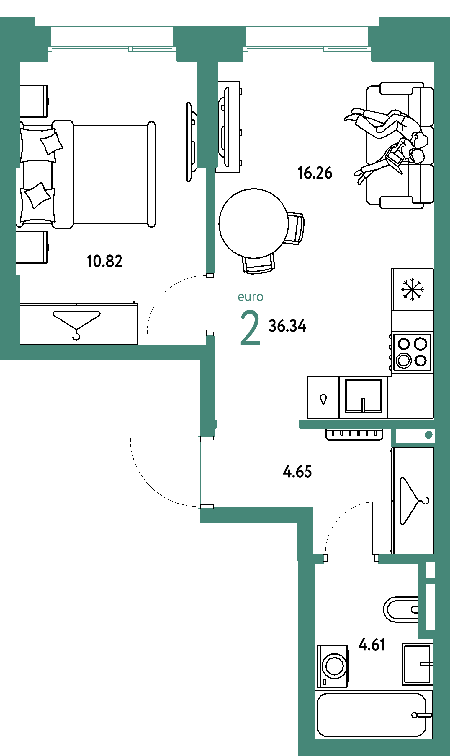ЖК "Страна.Прибрежная"-2-комнатная 36.34 м²