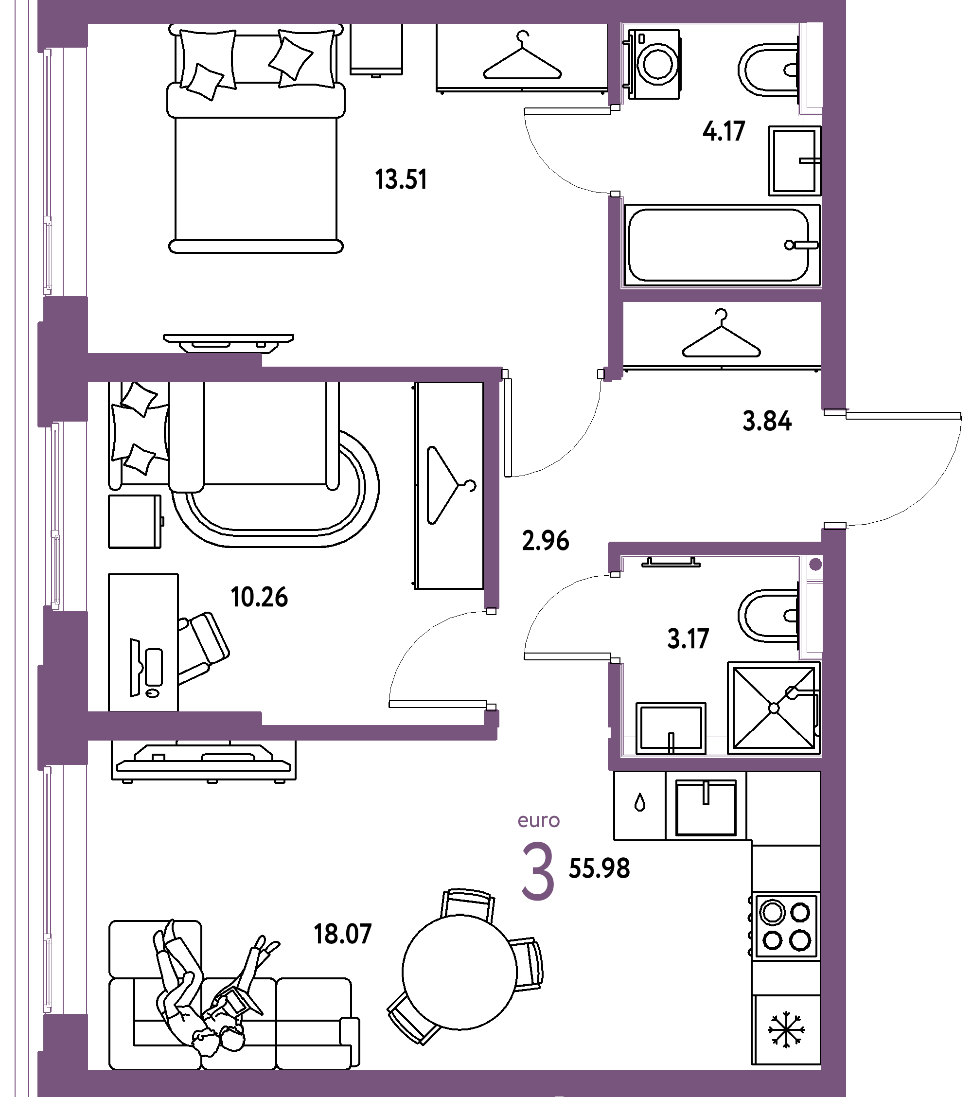 ЖК "Страна.Прибрежная"-3-комнатная 55.98 м²