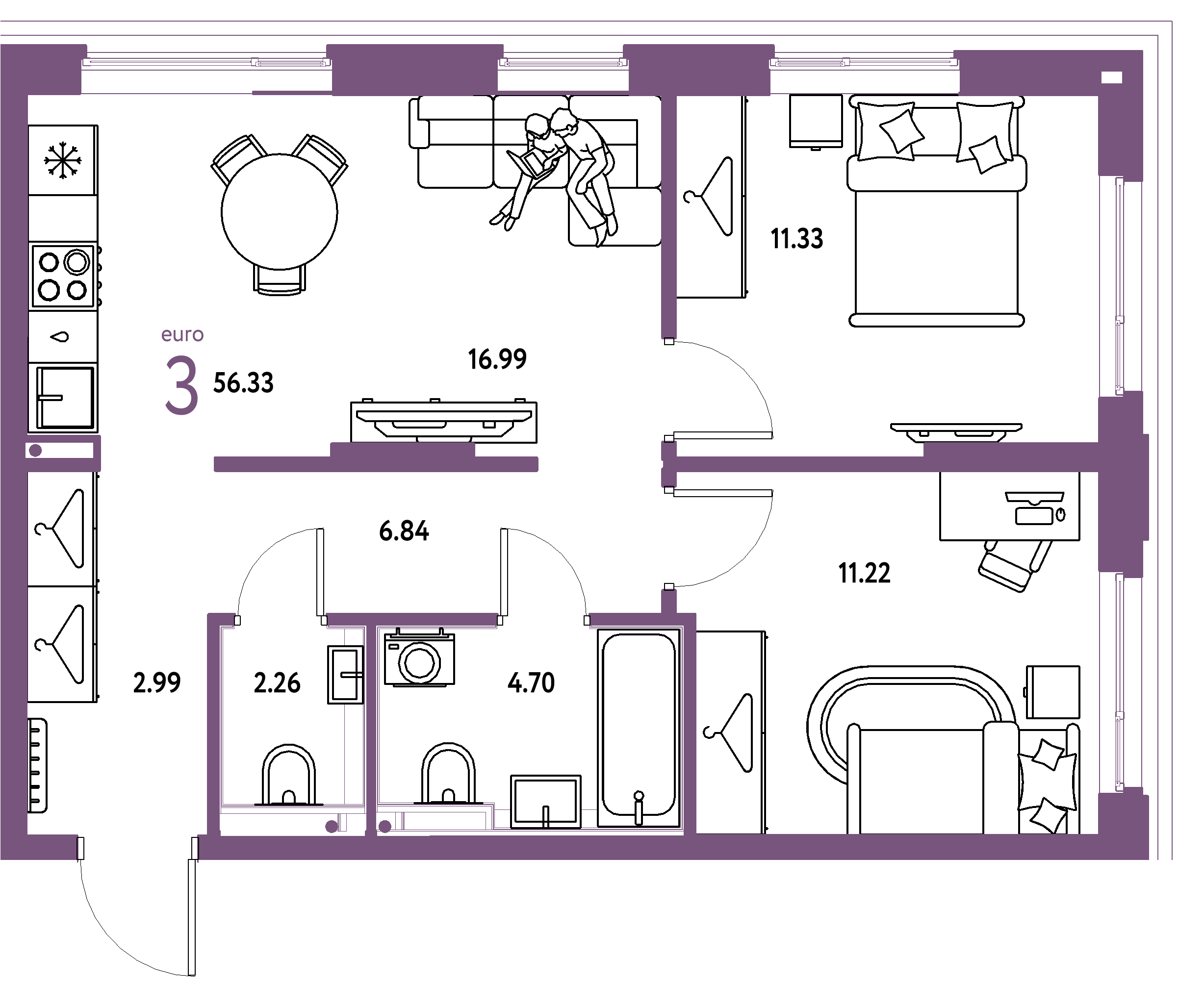 ЖК "Страна.Прибрежная"-3-комнатная 56.33 м²