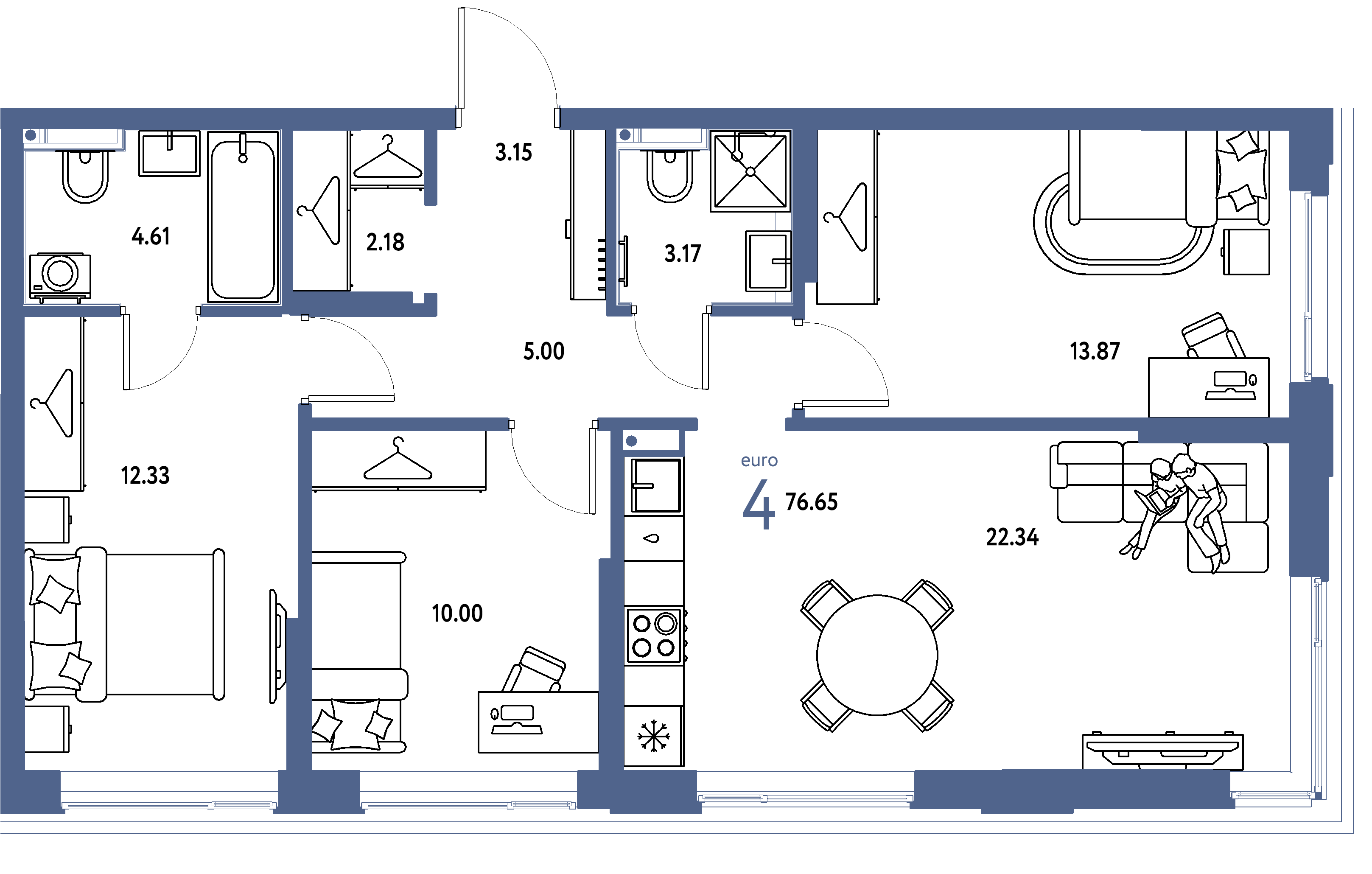 ЖК "Страна.Прибрежная"-4-комнатная 76.65 м²