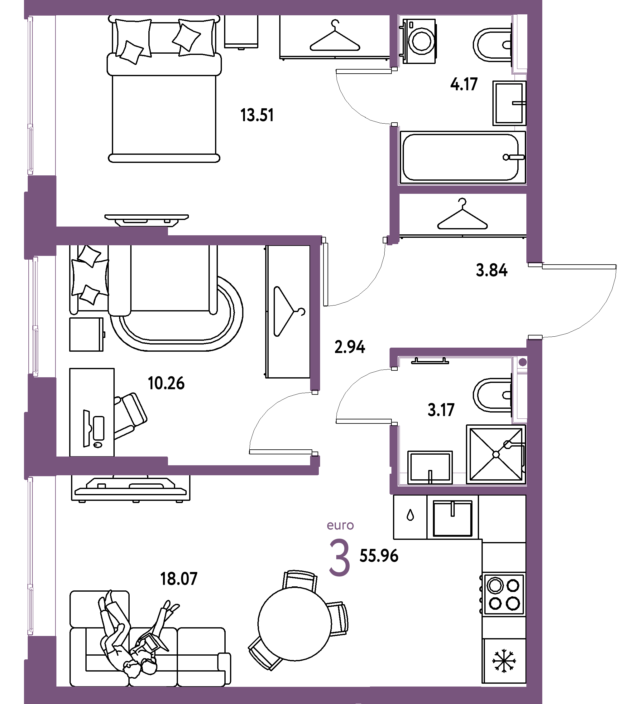 ЖК "Страна.Прибрежная"-3-комнатная 55.96 м²