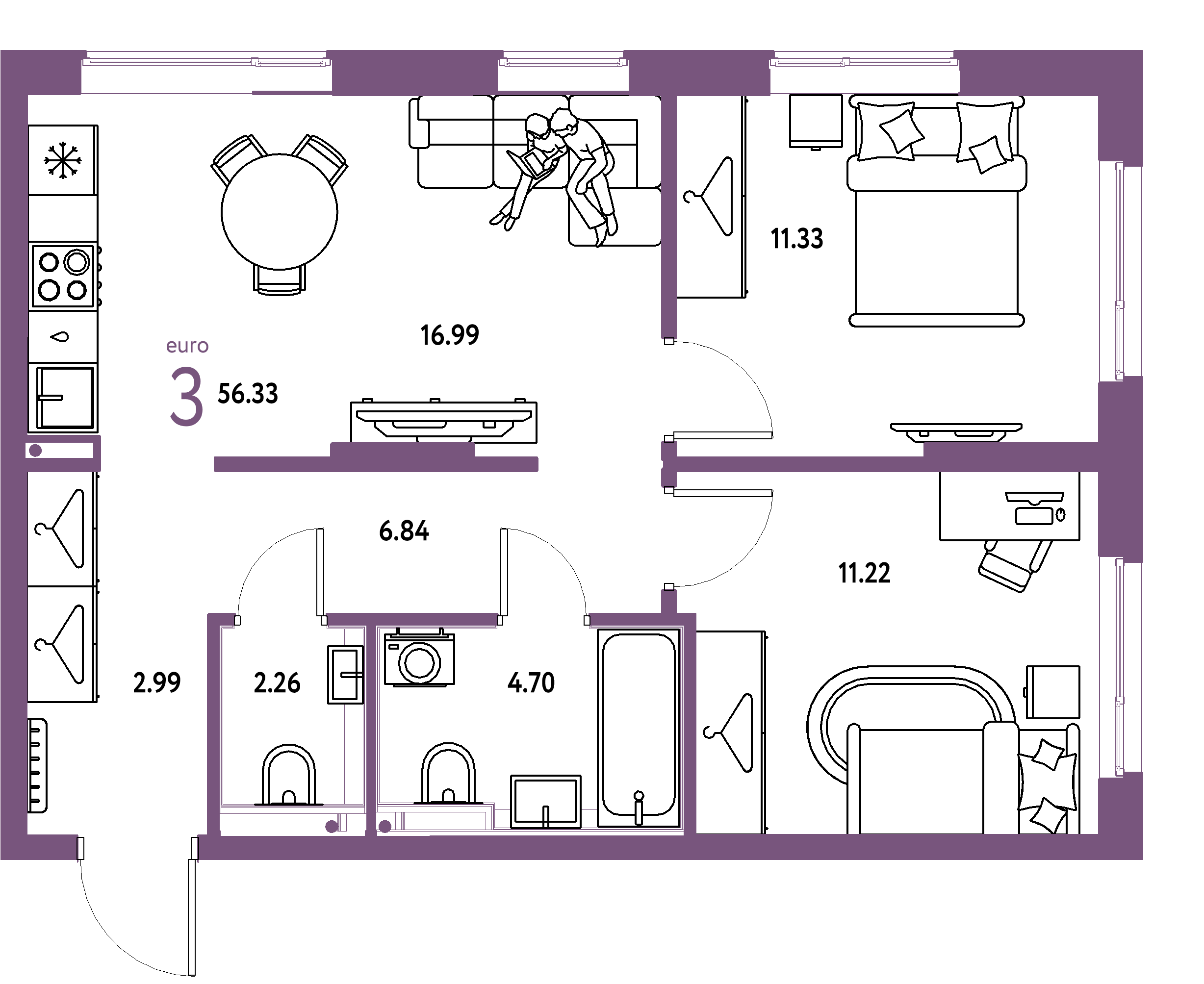 ЖК "Страна.Прибрежная"-3-комнатная 56.33 м²