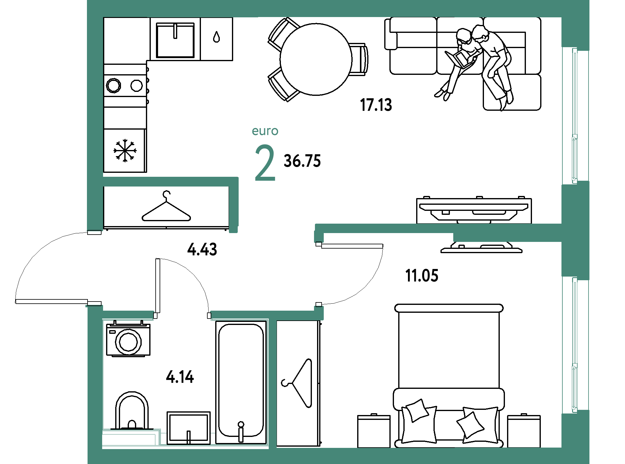 ЖК "Страна.Прибрежная"-2-комнатная 36.75 м²