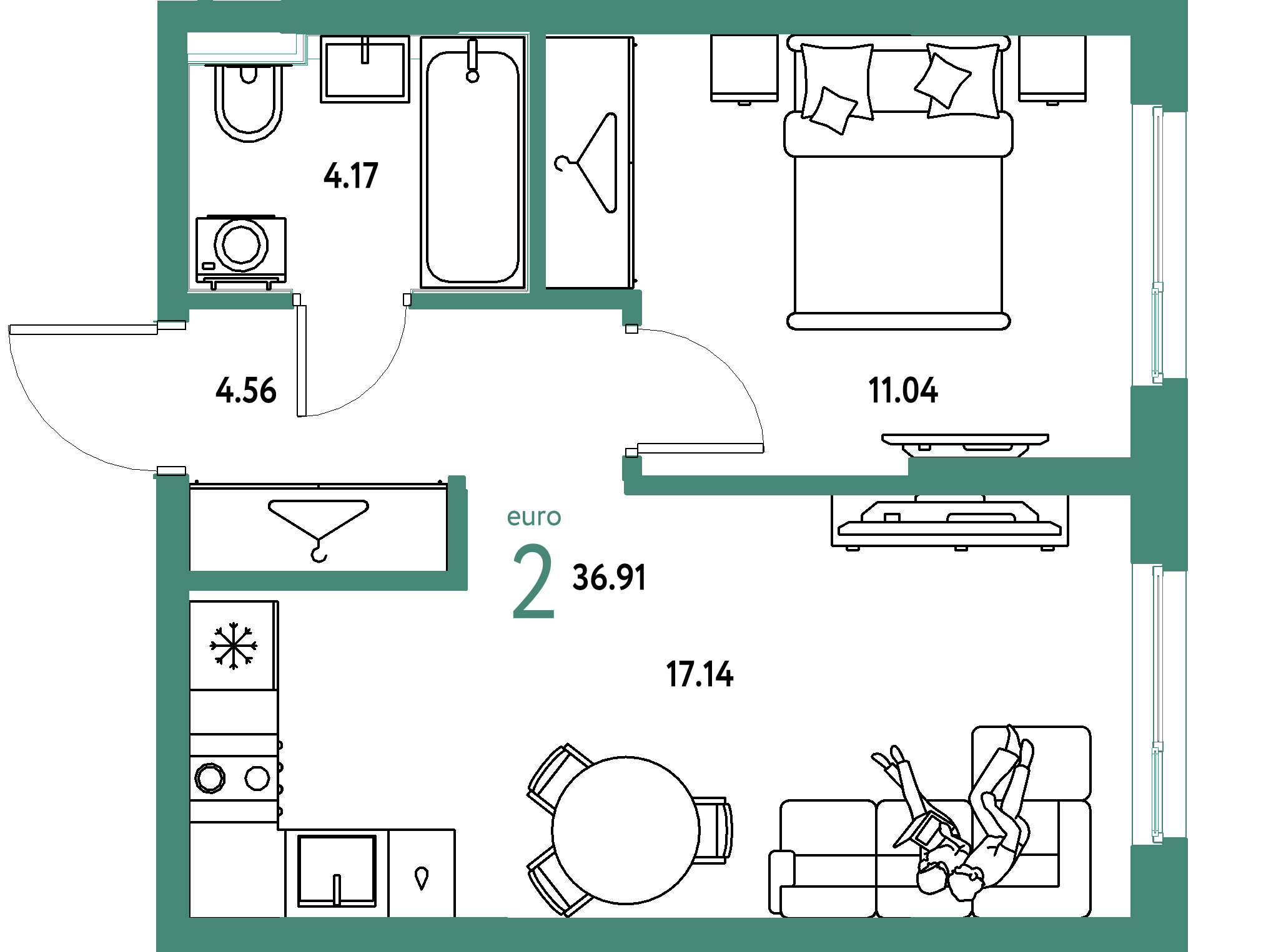 ЖК "Страна.Прибрежная"-2-комнатная 36.91 м²