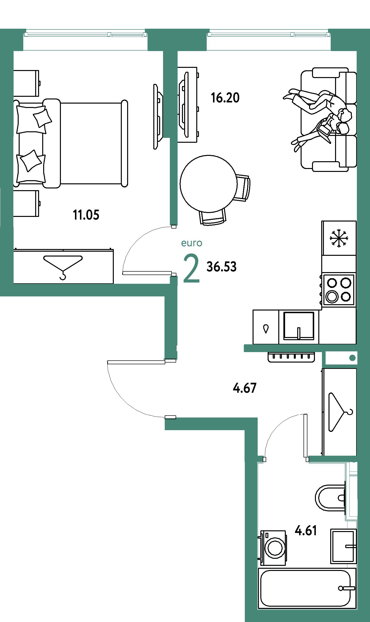 ЖК "Страна.Прибрежная"-2-комнатная 36.53 м²