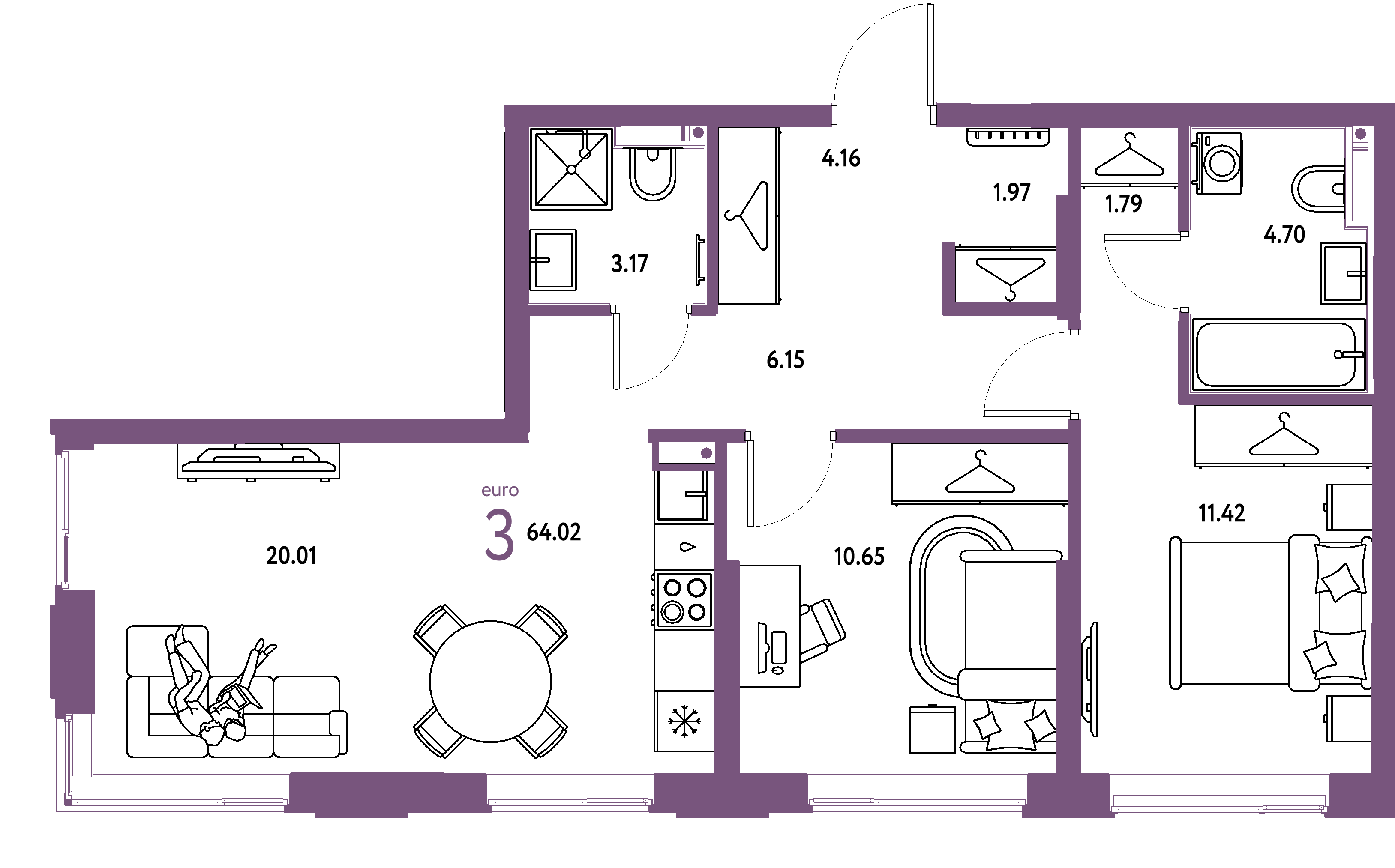 ЖК "Страна.Прибрежная"-3-комнатная 64.02 м²