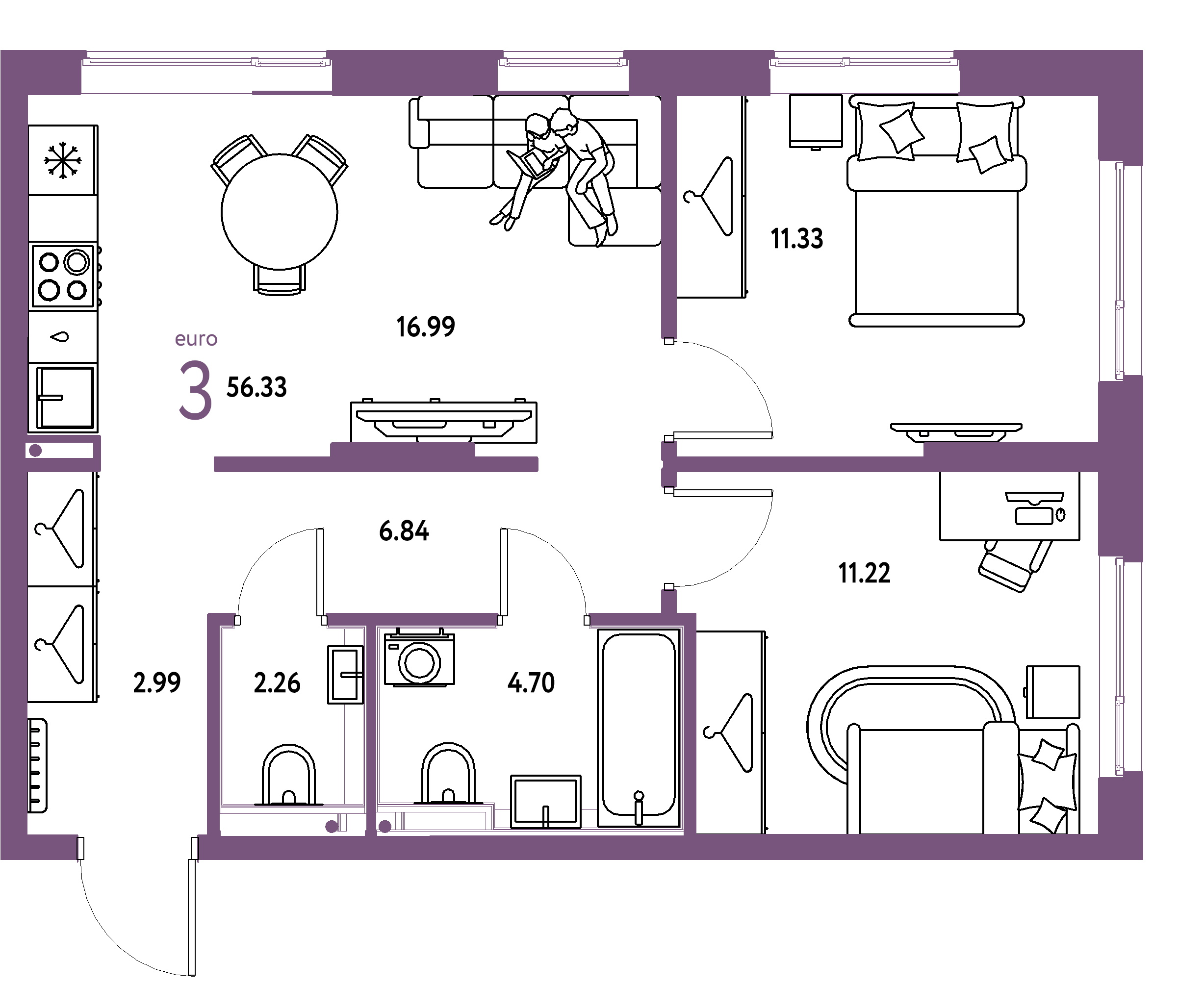 ЖК "Страна.Прибрежная"-3-комнатная 56.33 м²