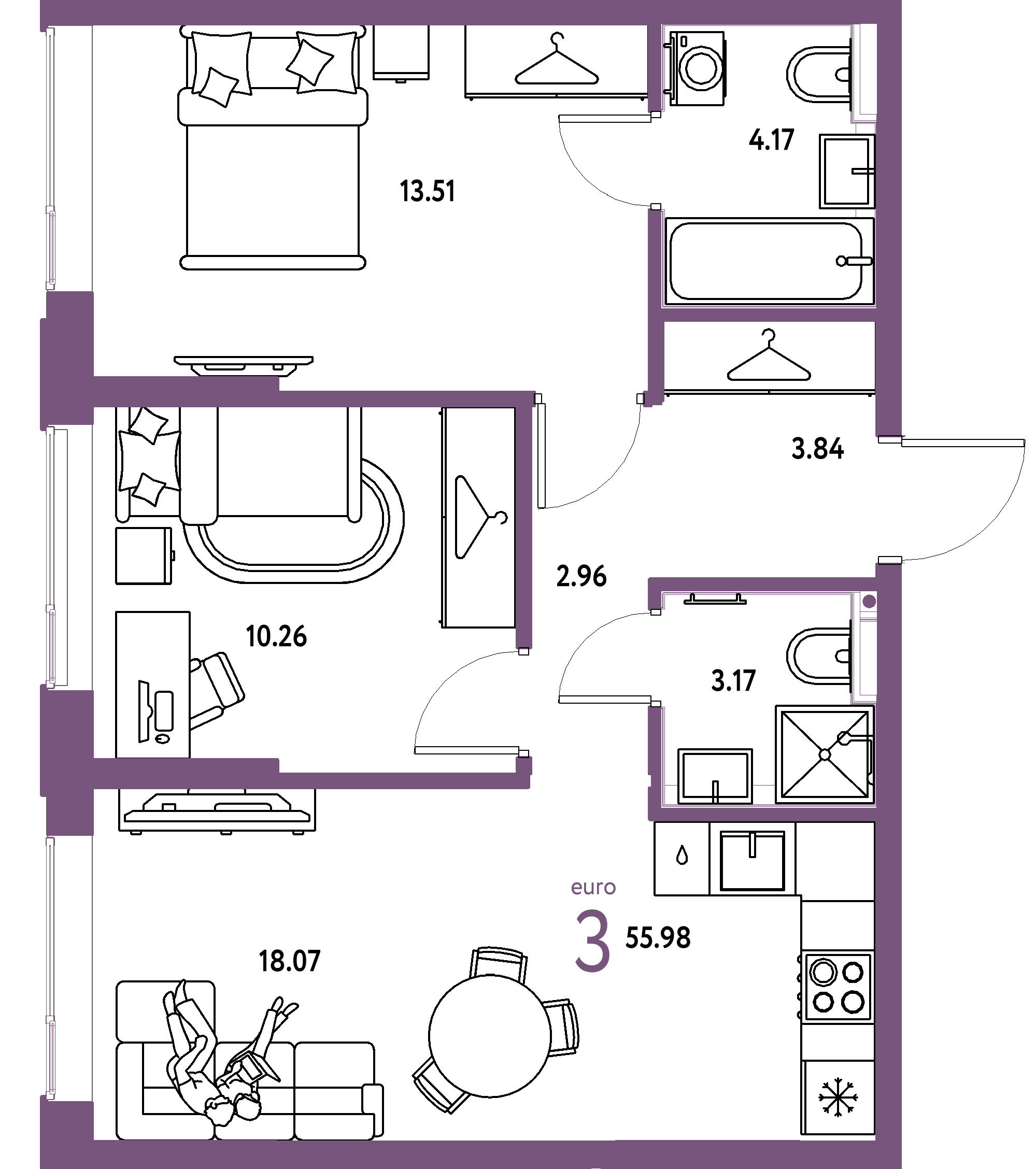ЖК "Страна.Прибрежная"-3-комнатная 55.98 м²