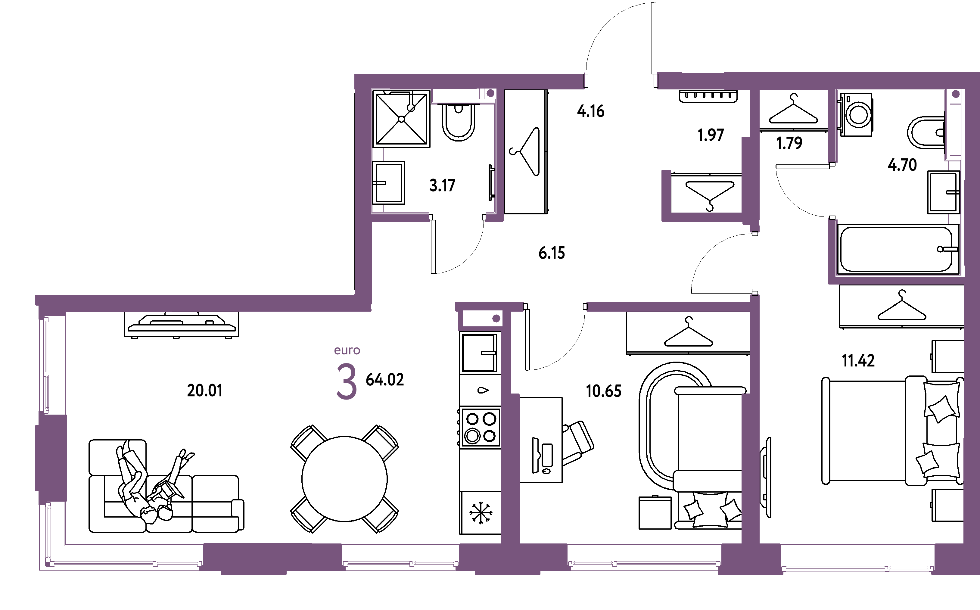 ЖК "Страна.Прибрежная"-3-комнатная 64.02 м²