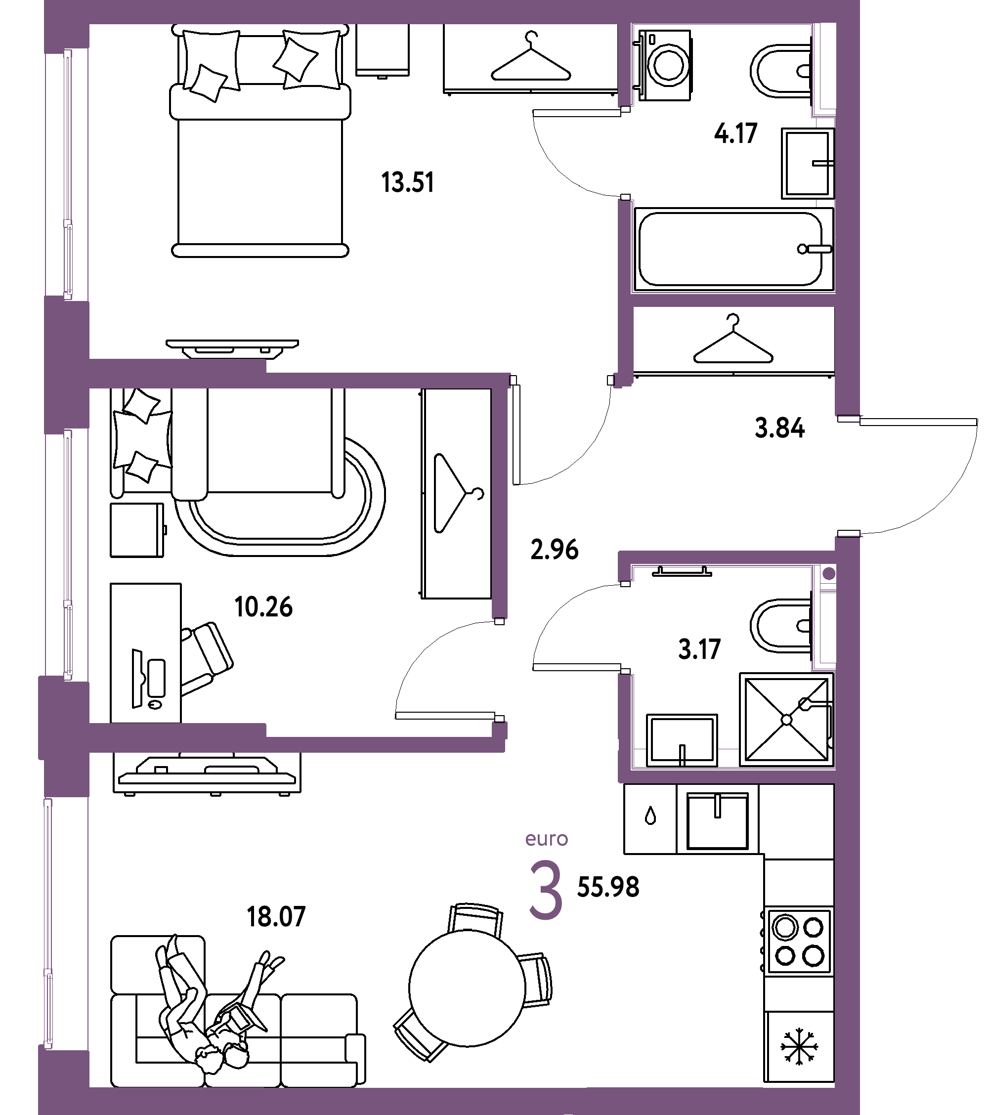 ЖК "Страна.Прибрежная"-3-комнатная 55.98 м²