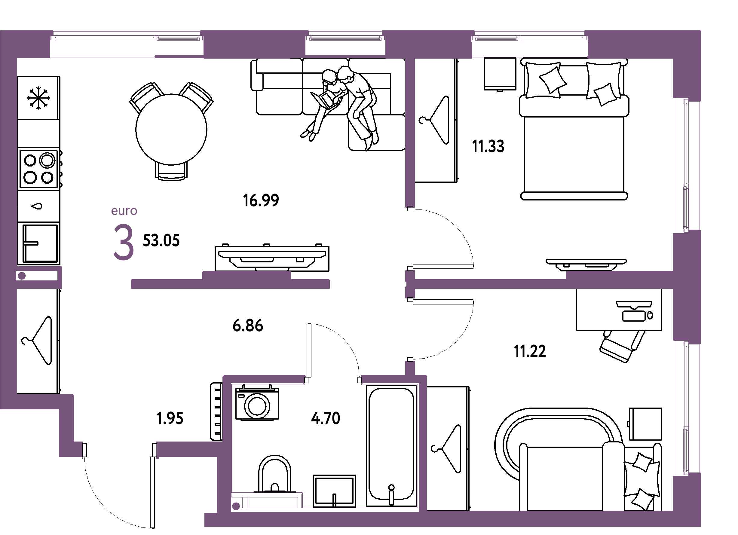ЖК "Страна.Прибрежная"-3-комнатная 53.05 м²