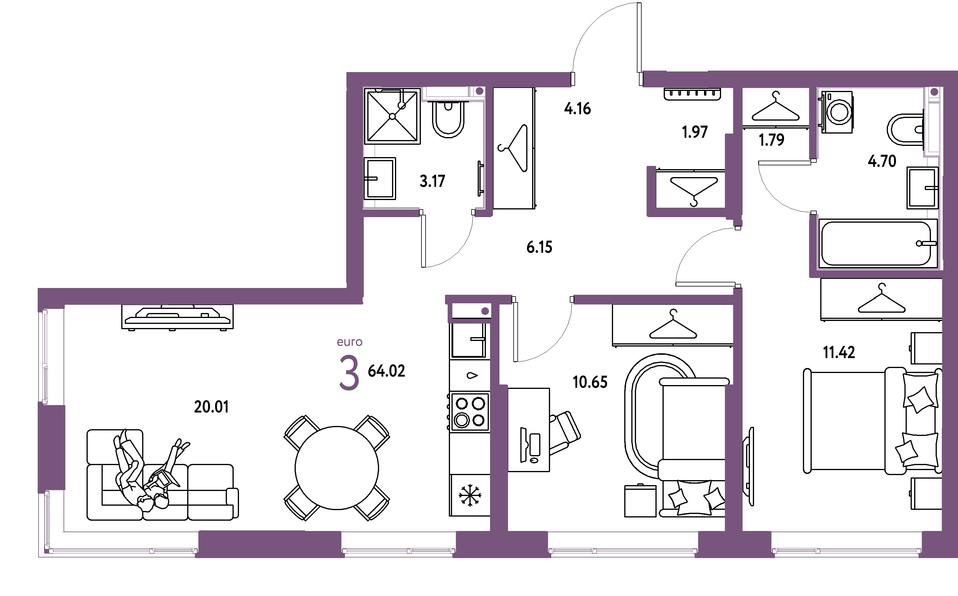 ЖК "Страна.Прибрежная"-3-комнатная 64.02 м²