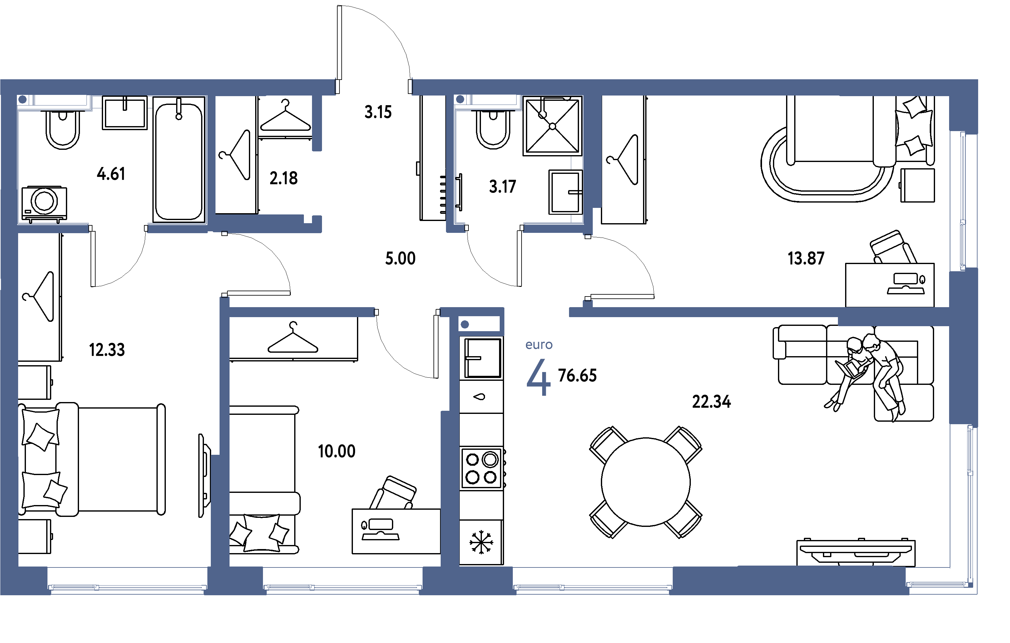 ЖК "Страна.Прибрежная"-4-комнатная 76.65 м²