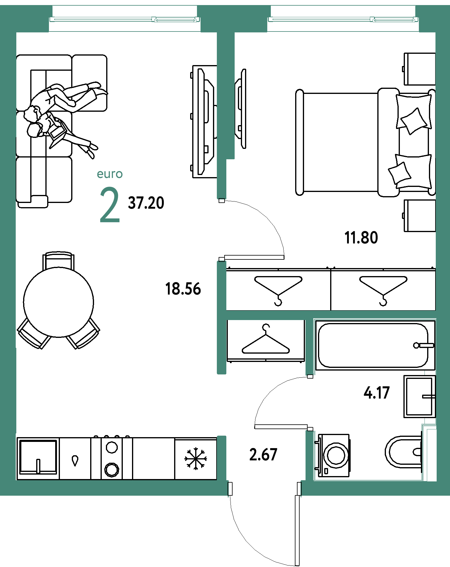 ЖК "Страна.Прибрежная"-2-комнатная 37.2 м²