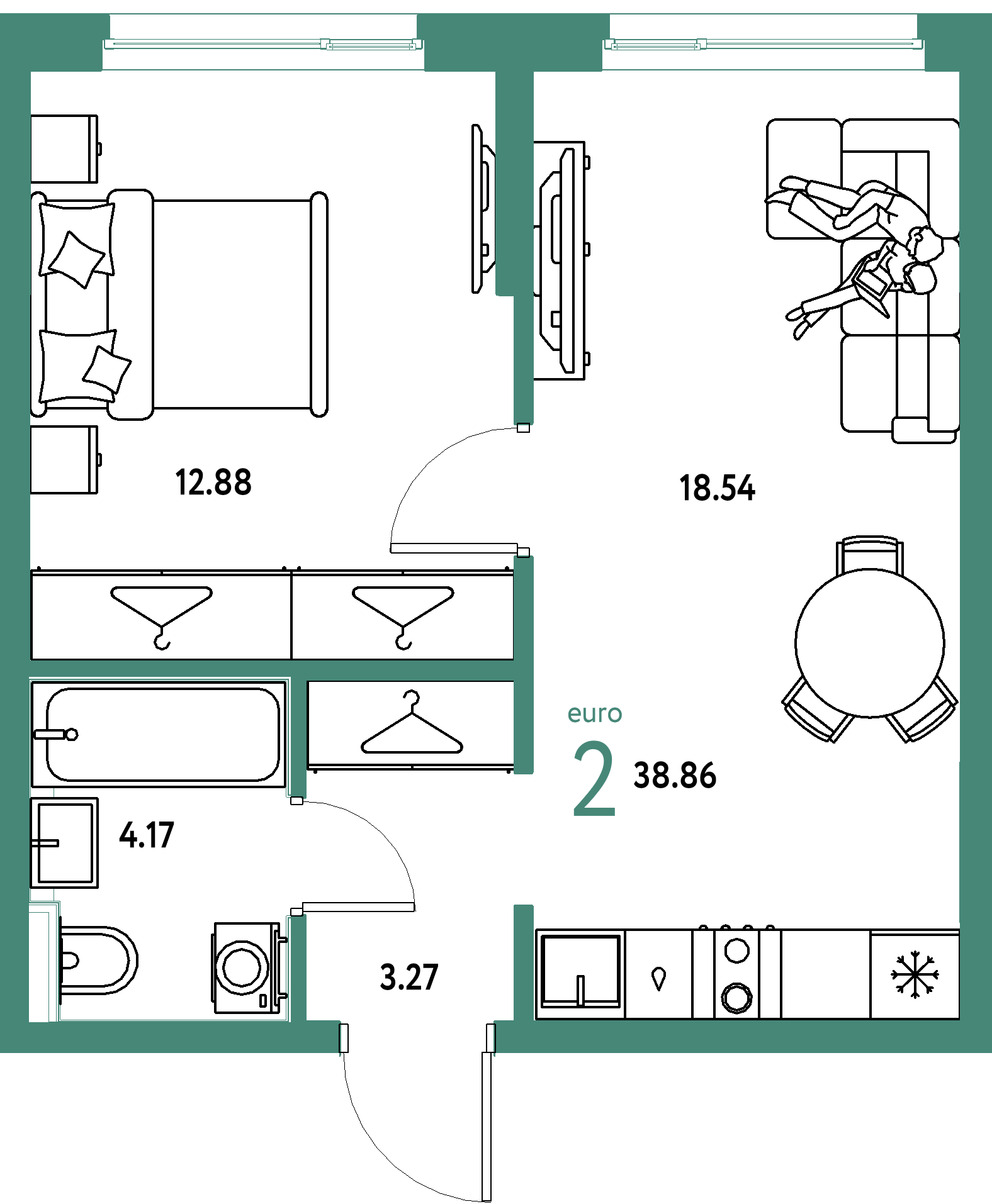 ЖК "Страна.Прибрежная"-2-комнатная 38.86 м²