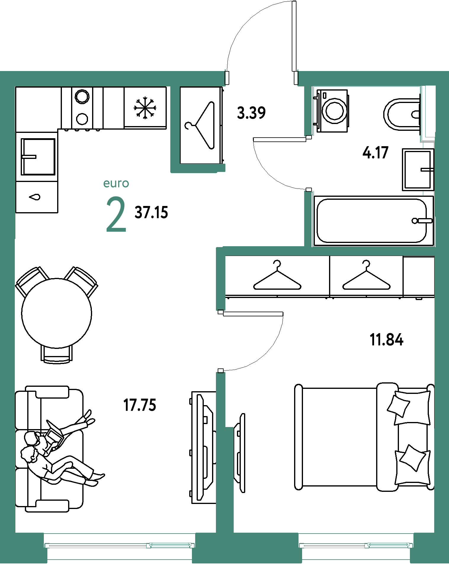 ЖК "Страна.Прибрежная"-2-комнатная 37.15 м²