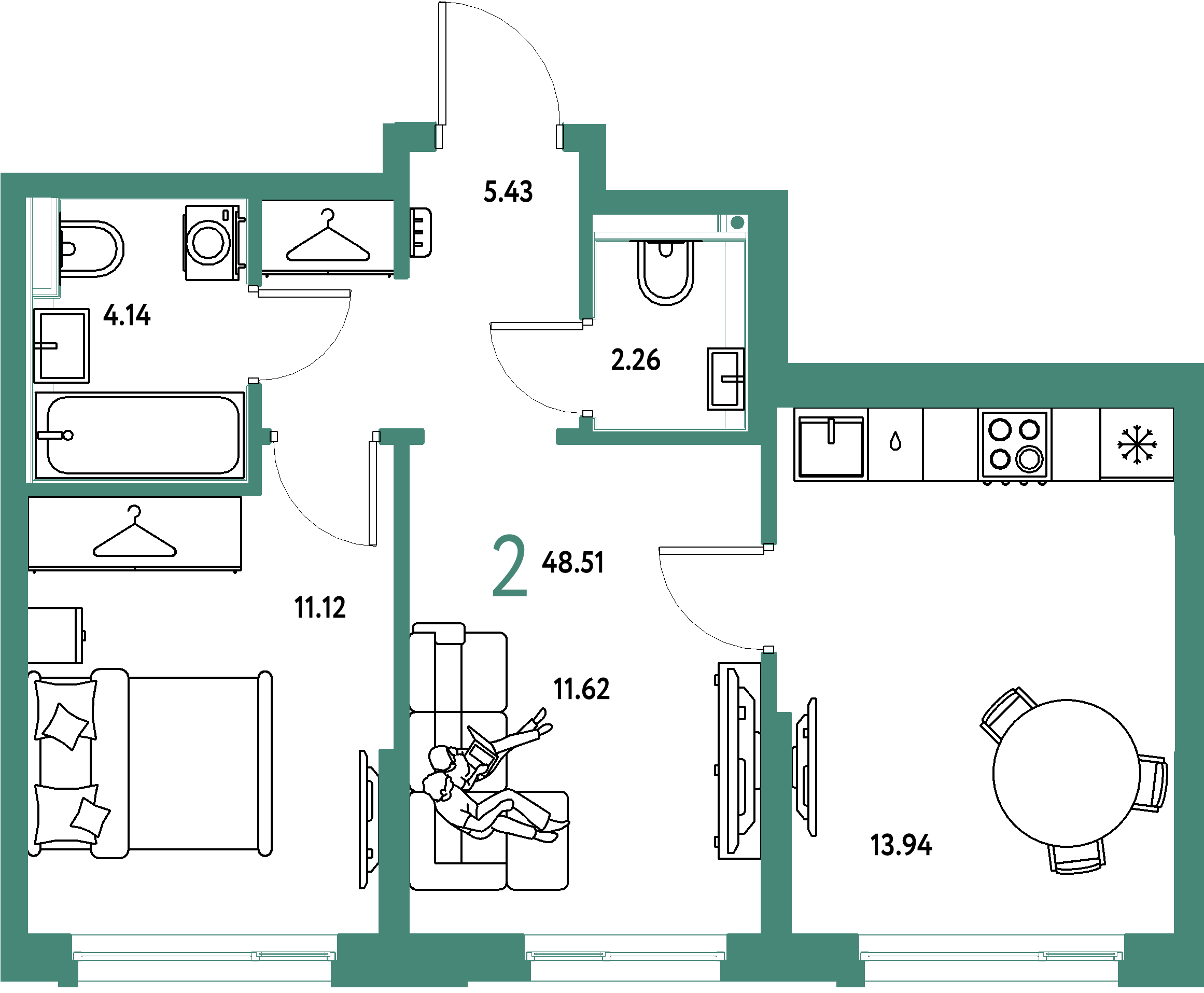 ЖК "Страна.Прибрежная"-2-комнатная 48.51 м²